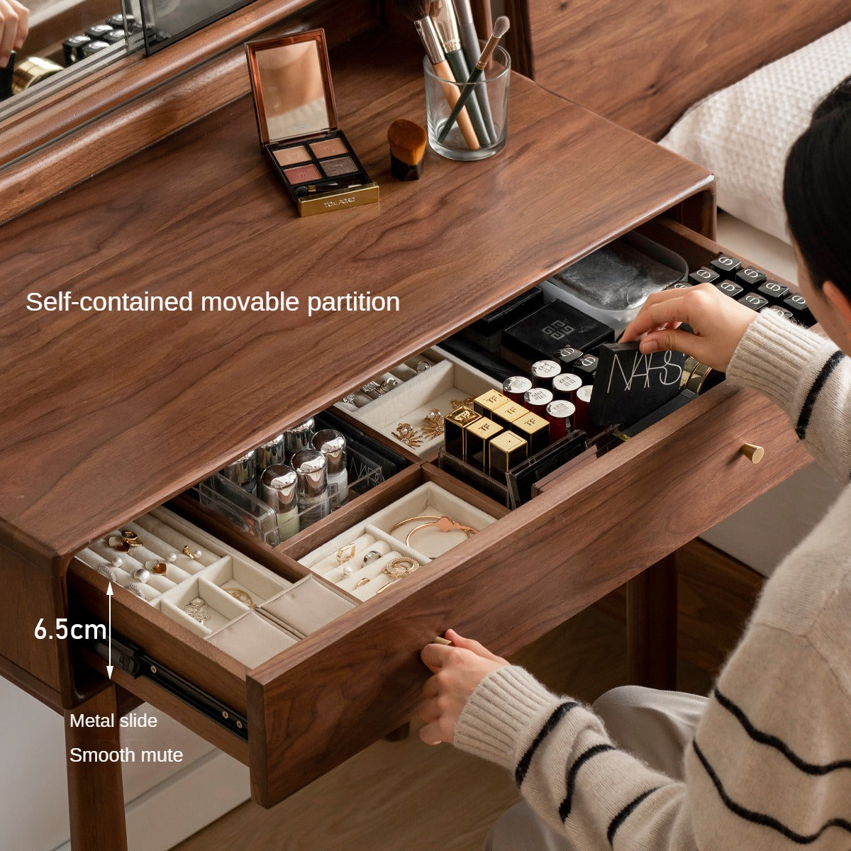 Solid Black Walnut Wood Mirror Dressing Table with Storage | Makeup Vanity Desk for Bedroom | Elegant Bedroom Furniture & Cosmetics Organizer