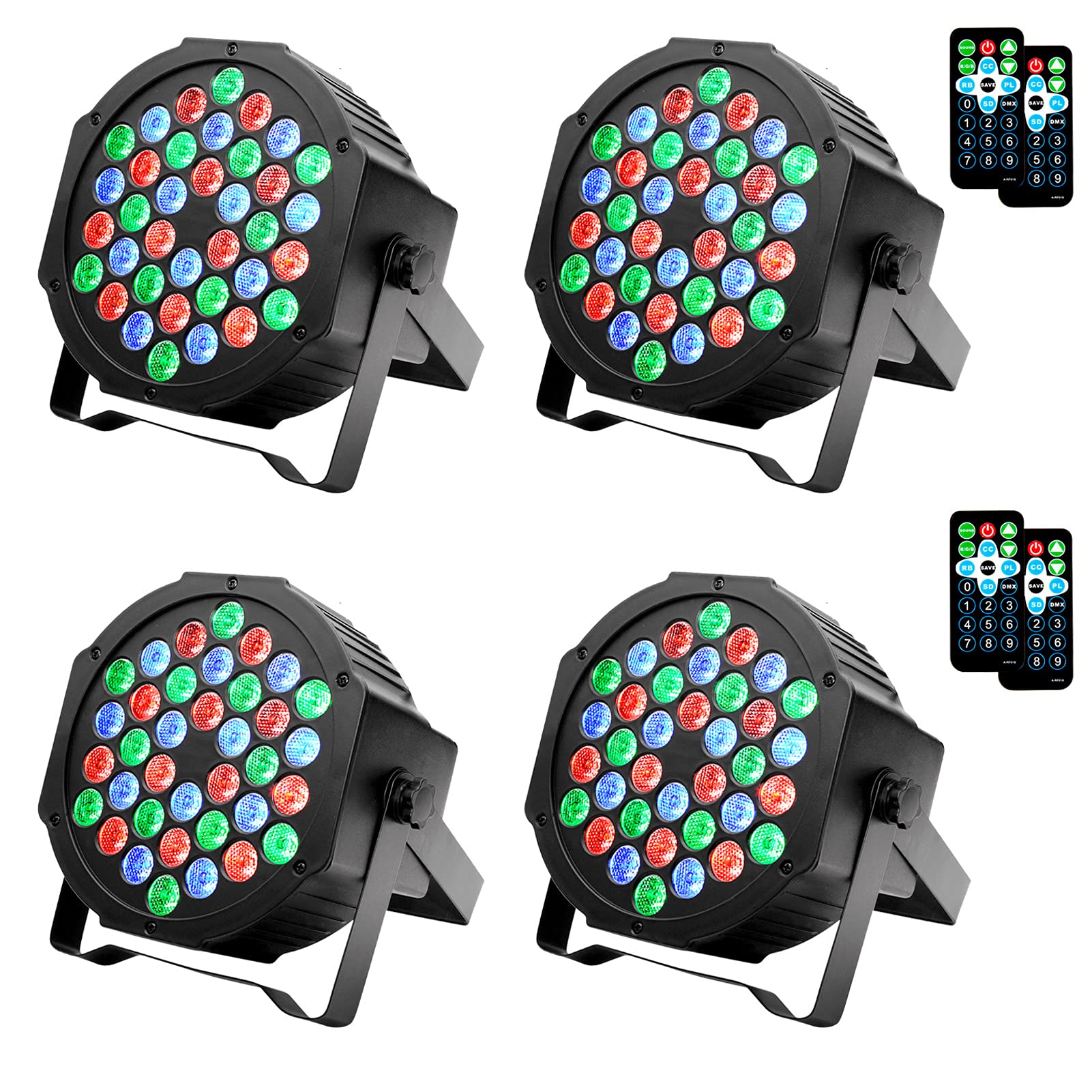 36 LED Par Lights 4 Pack - Sound Activated & DMX Control Stage Lighting for Weddings, Clubs, Music Shows - DJ Lights with Remote for Christmas & Holiday Party Decor