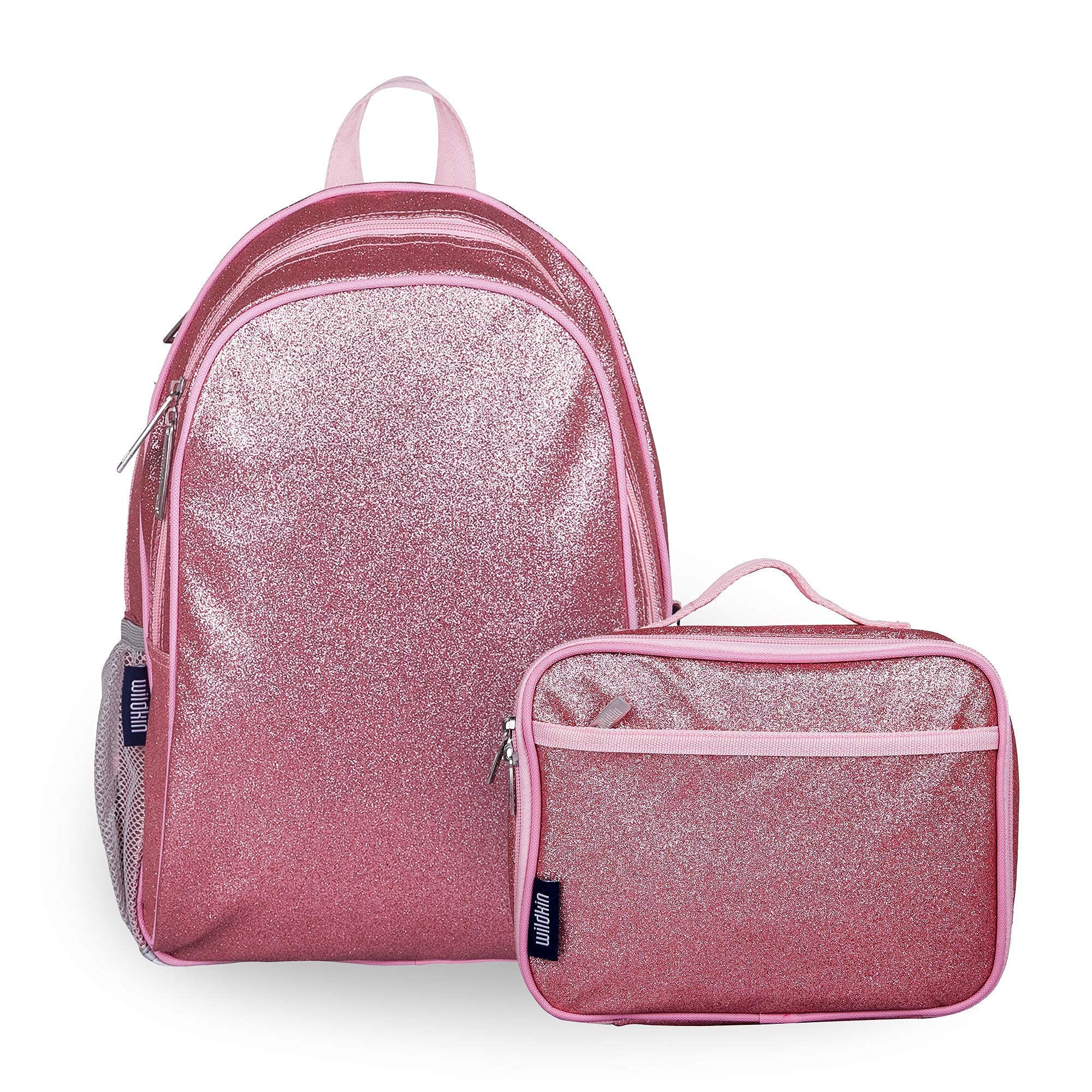 Wildkin 15 Inch Kids Backpack with Matching Lunch Box - Pink Glitter School Backpack Set for Girls | Perfect for School, Travel & Daycare Use