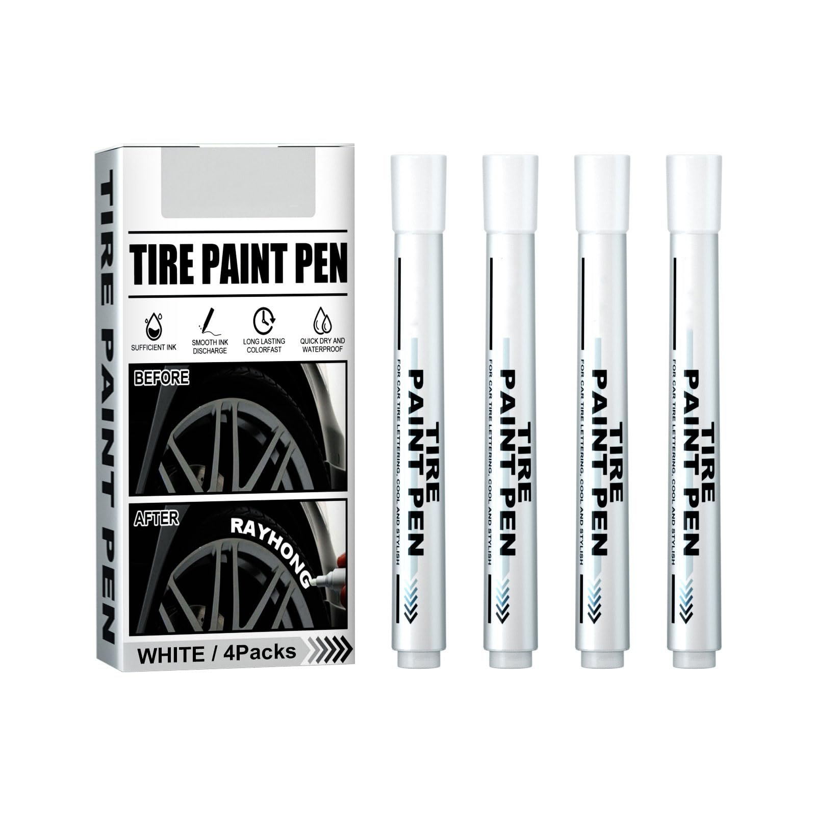 4Pcs White Waterproof Tire Paint Pens for Car Wheels - Durable Tire Lettering Marker for DIY Customization, Auto Detailing & Touch-Ups
