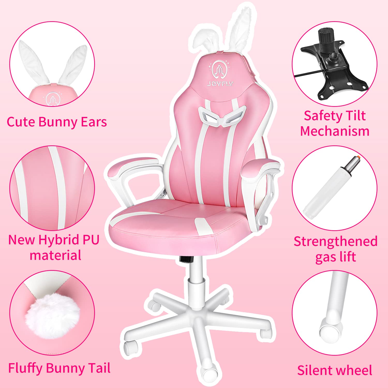 JOYFLY Ergonomic Pink Gaming Chair for Adults, Teens & Kids - Adjustable Height PC Office Chair with Lumbar Support - Perfect for Esports, Streaming & Home Workstations (Pink)