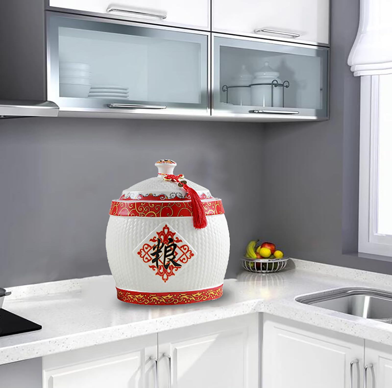 HM&DX Ceramic Rice Storage Containers with Lid - Airtight Porcelain Food Dispenser, Chinese Style Rice Jar & Flour Sugar Baking Storage Box for Kitchen Pantry Organization | Perfect for Rice, Grains, Flour, Sugar & Dry Food Storage