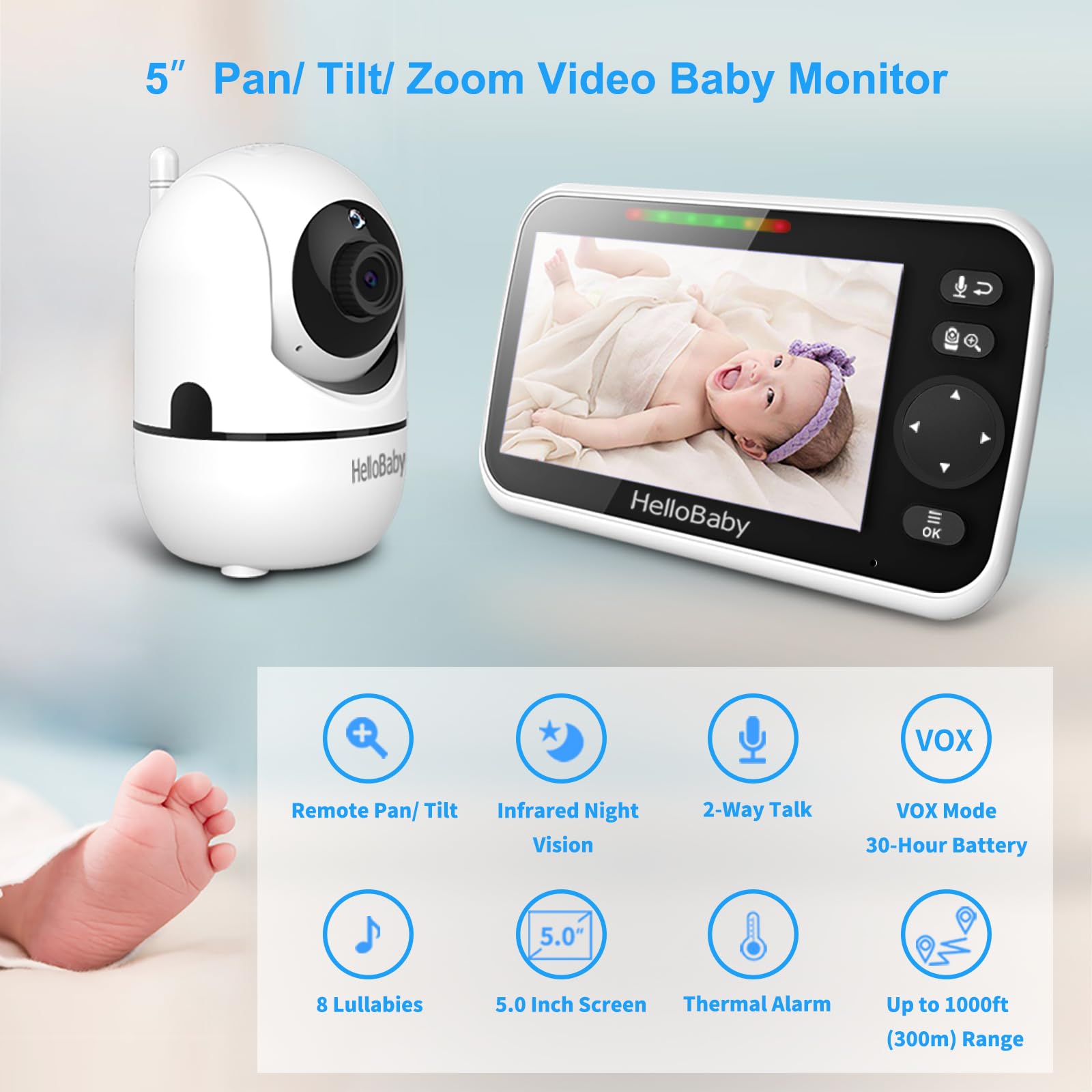 HelloBaby Wall Mounted Baby Monitor - No WiFi, 5