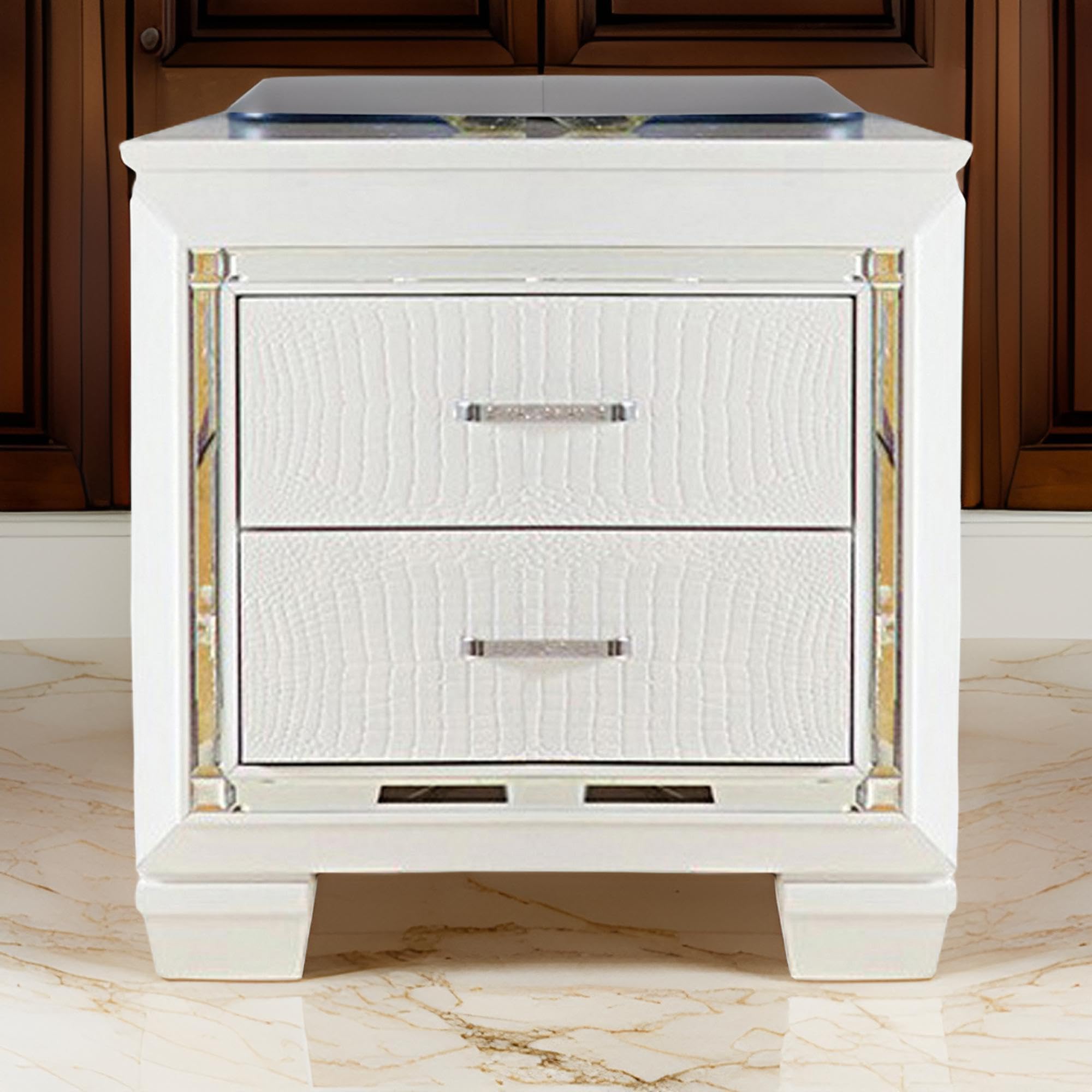Benjara Modern White Wooden Nightstand with 2 Drawers & Built-in LED Lights - Perfect for Bedroom, Living Room, or Office Storage & Décor