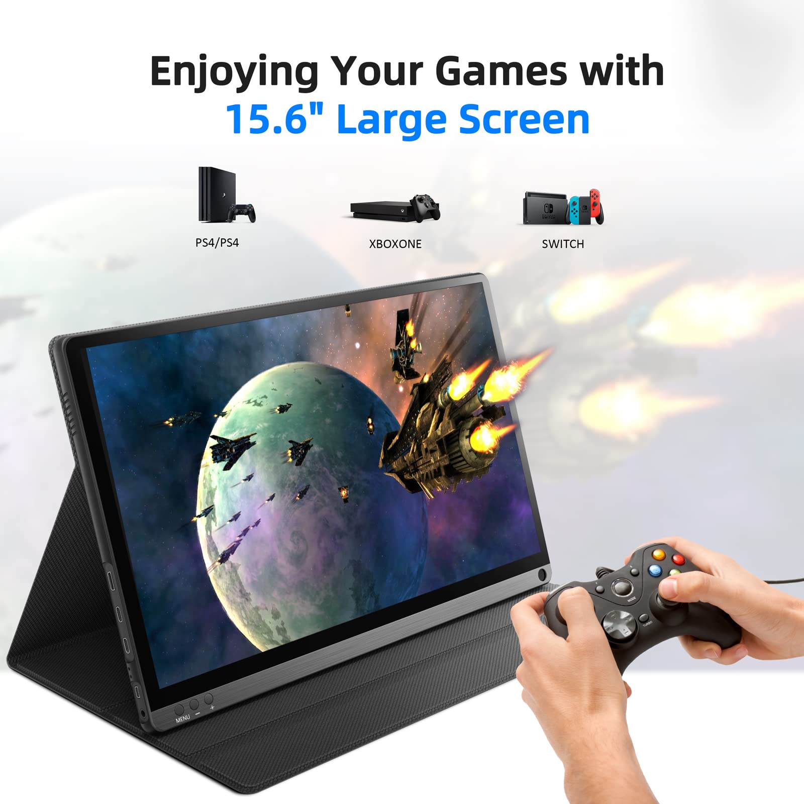 15.6 Inch Portable Monitor - FHD 1080P IPS LCD Gaming Screen with HDR Mode, Built-in Dual Speakers, USB-C & HDMI - Ultra Thin External Display for Laptop, PC, Mac, Smartphone - Perfect for Work, Gaming & Travel