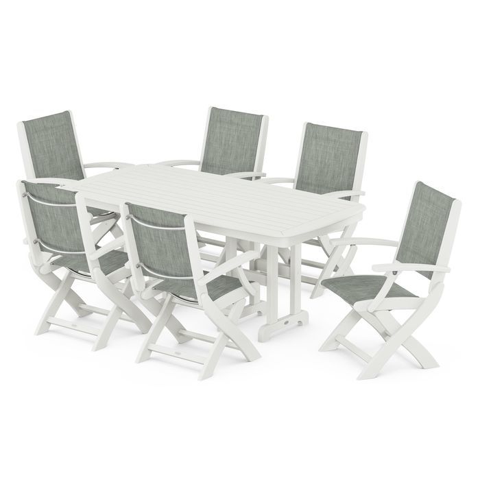POLYWOOD Coastal Folding Arm Chair 7-Piece Outdoor Dining Set - Perfect for Patio, Deck, Poolside & Beachfront Entertaining