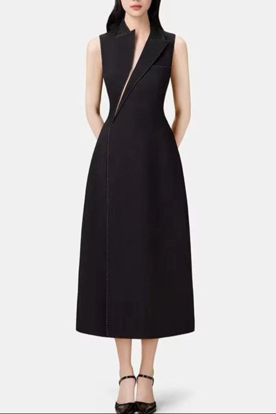 Asymmetric Collar Blazer Midi Dress in Black - Elegant Office Wear & Evening Cocktail Dress for Women