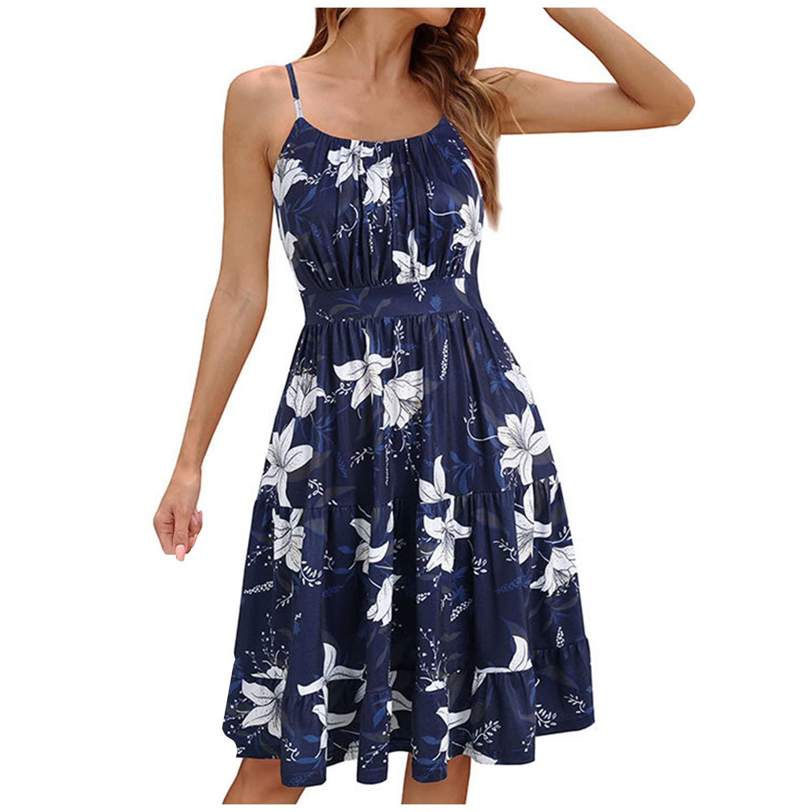 Longyy Women's Elegant Crew-Neck Floral Print Dress - Sexy Sling Backless Sleeveless Pleated Swing Summer Dress for Beach Vacation, Party & Date Night