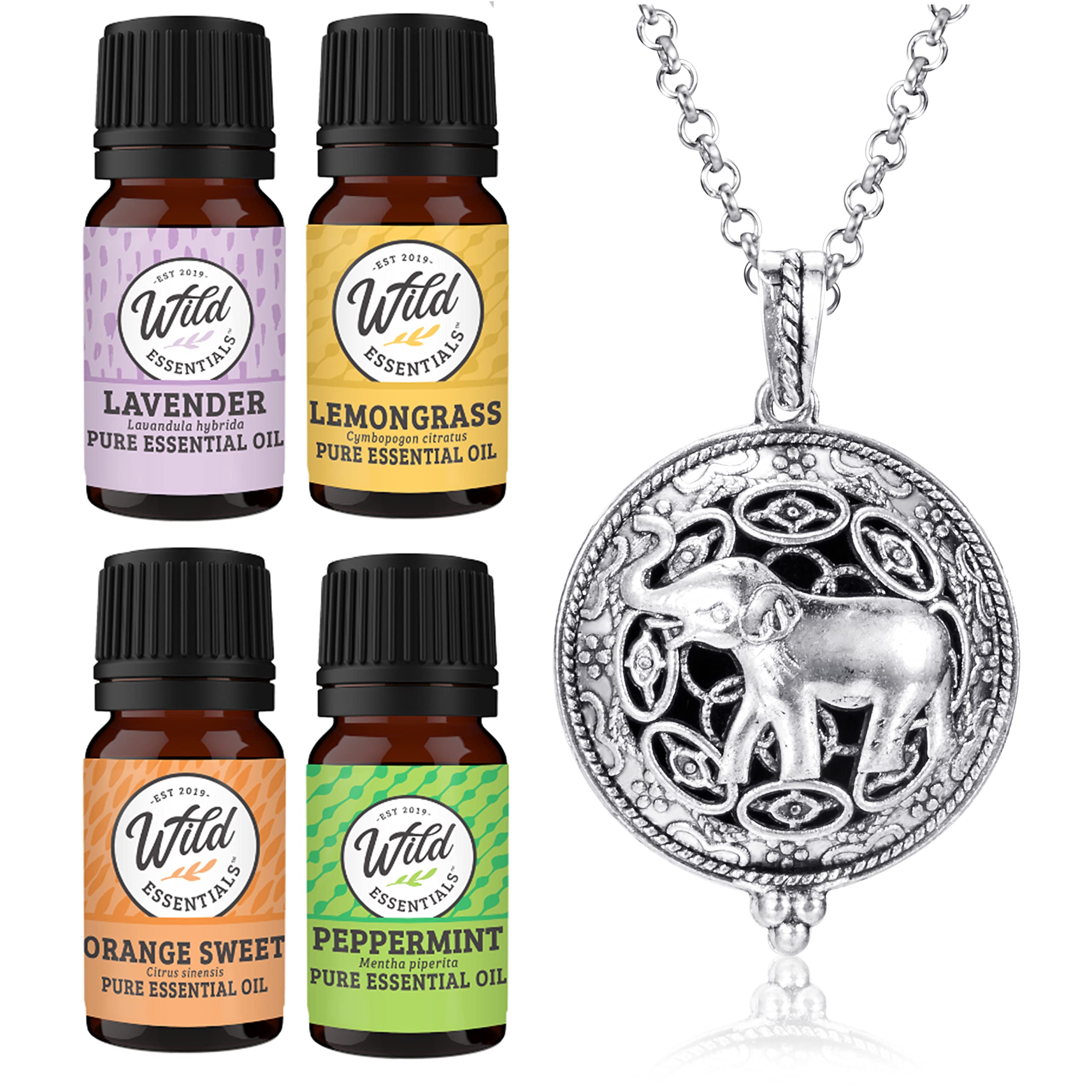 Wild Essentials Elephant Necklace Essential Oil Diffuser Kit - 4 Premium Oils (Lavender, Lemongrass, Peppermint, Orange) with 12 Refill Pads - Calming Aromatherapy Jewelry Gift Set - Customizable Color Changing - Perfect for Yoga, Meditation & Stress Relief
