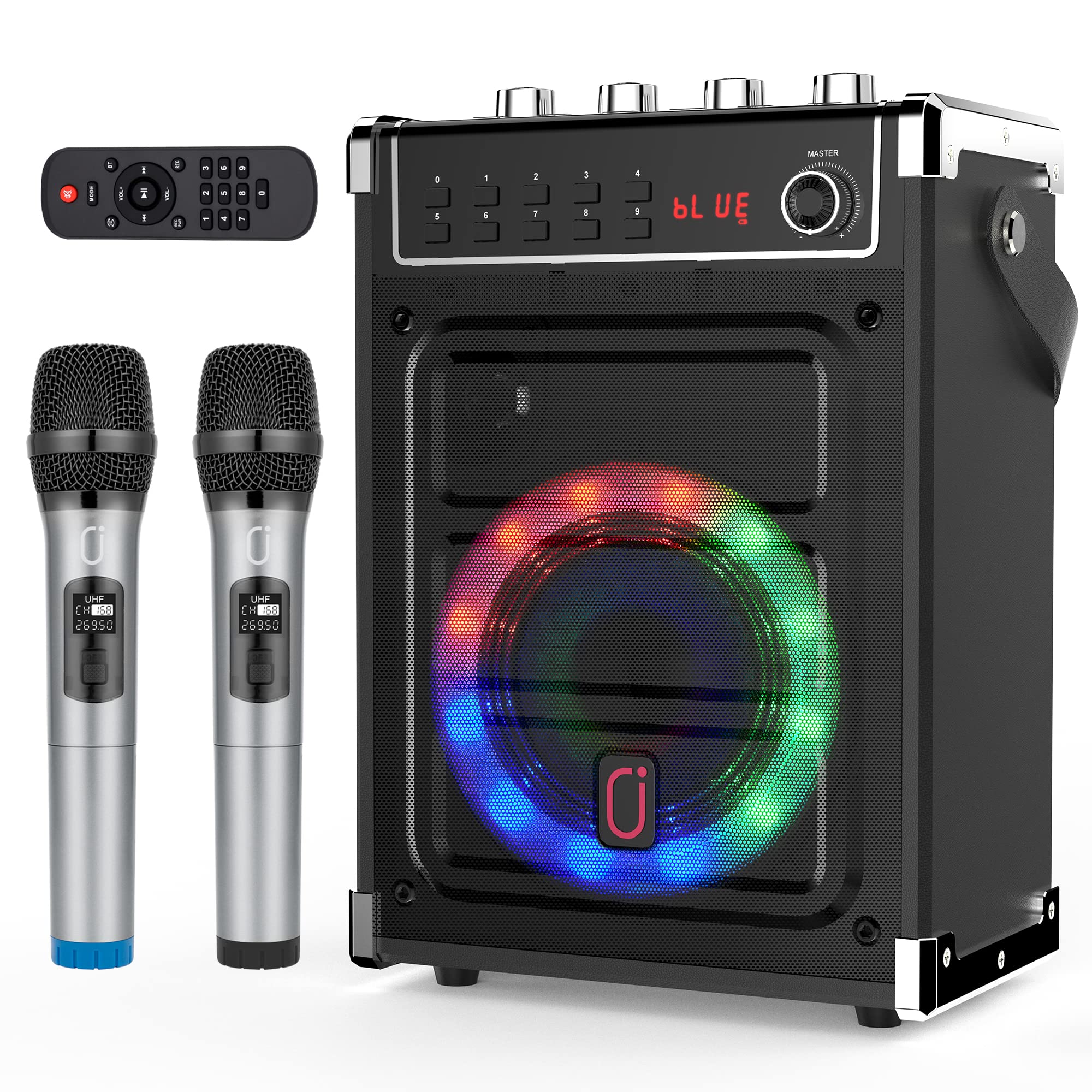 JYX Professional Karaoke Machine with 2 UHF Wireless Microphones - Bluetooth Speaker with Bass/Treble Control, LED Lights, PA System, TWS, AUX, FM, Recording - Perfect for Home Parties, Family Gatherings & Kids Entertainment (Black)