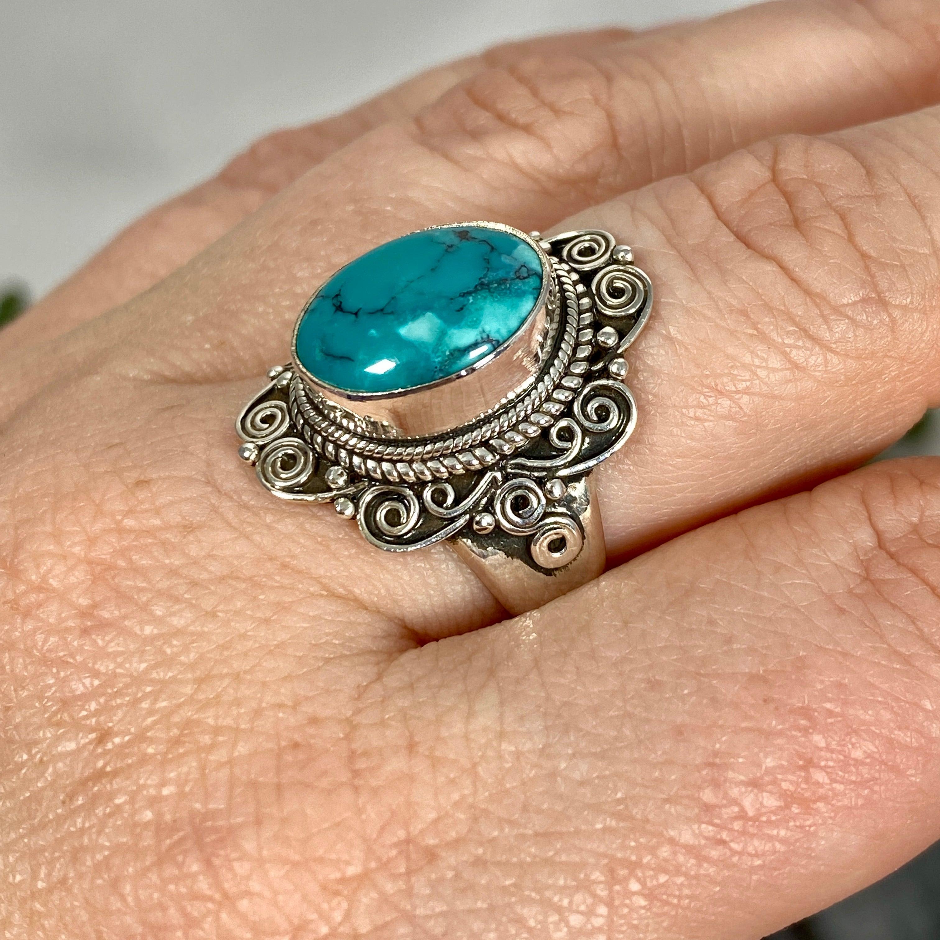 Boho Style Turquoise Oval Ring Size 8 - Handmade Sterling Silver Jewelry for Women, Perfect for Festivals, Weddings & Everyday Boho Fashion