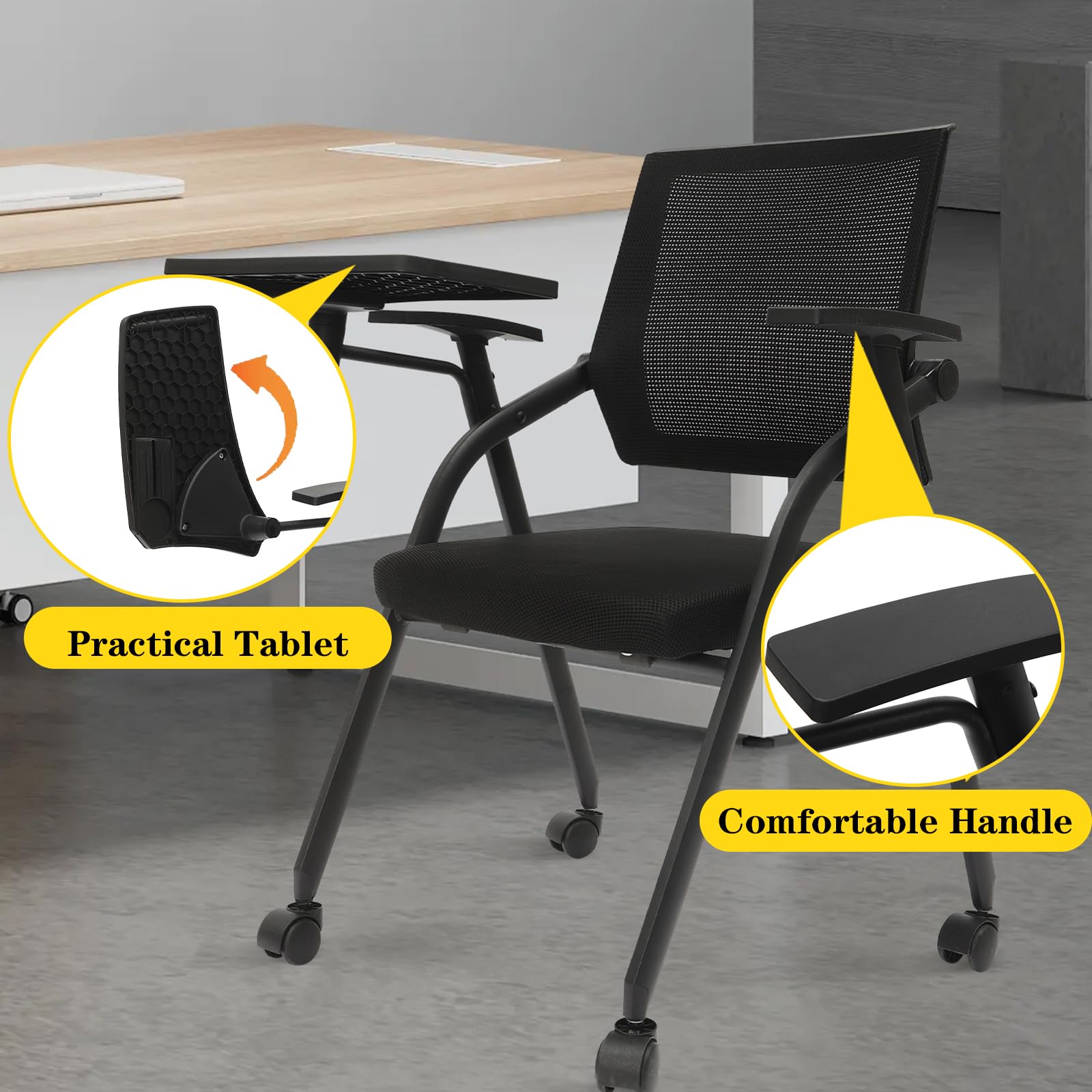 Right-Handed Tablet Arm Chair - 1 Pack Black Mesh Executive Office Chair with Caster Wheels for Conference Rooms, Waiting Areas & Guest Reception - Stackable Ergonomic Desk Chair for Work & Meetings