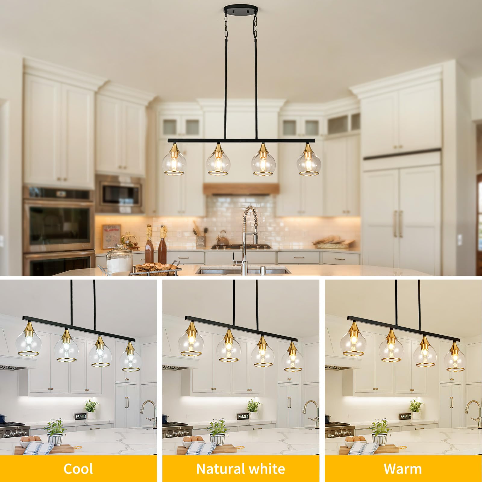 Farmhouse Black and Gold 4-Light Kitchen Island Pendant Chandelier with Clear Glass Shades - Matte Black Linear Hanging Light Fixture for Dining Room & Kitchen Counter | Perfect Over Tables, Breakfast Bars, and Kitchen Islands