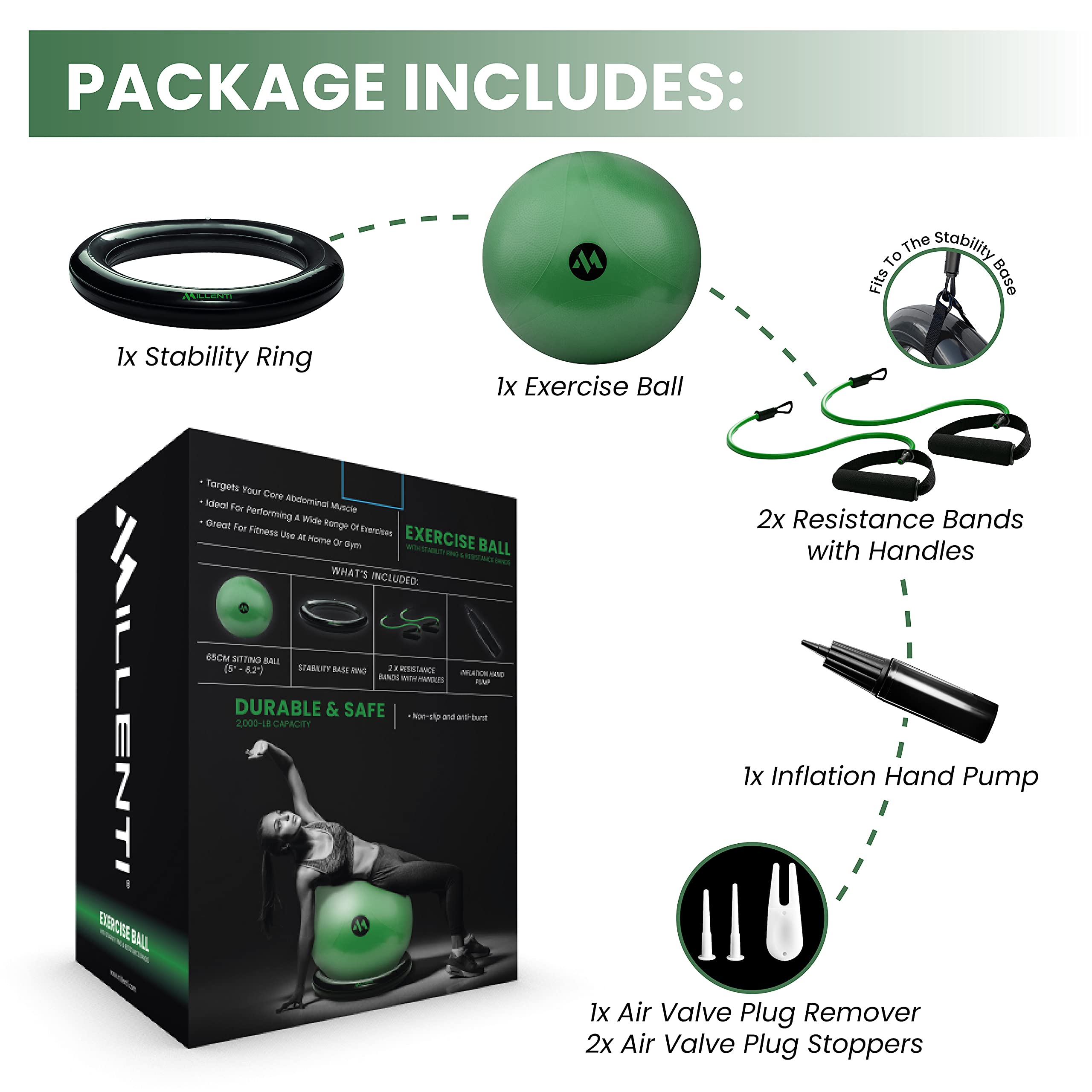 Millenti 65cm Exercise Ball Chair with Stability Base Ring Kit & Resistance Bands - Yoga, Pilates, Home Gym, Office Chair & Pregnancy Birthing Ball - Includes Workout Chart for Fitness & Posture Support