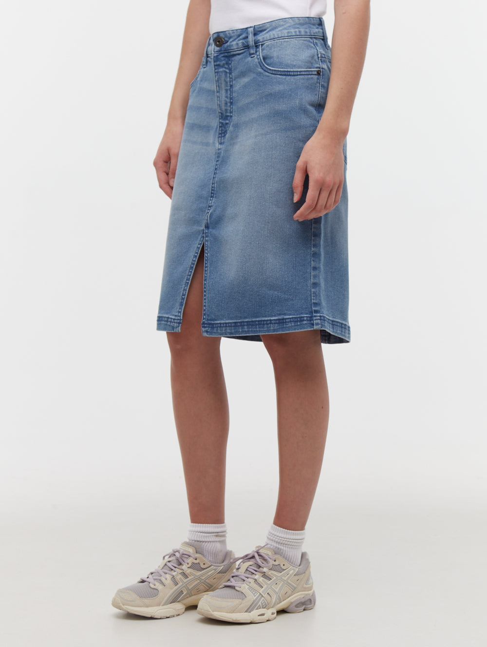 Vienra Women's Denim Midi Skirt - High Waist Stretch Jeans Skirt for Casual Wear, Office & Date Night Outfits