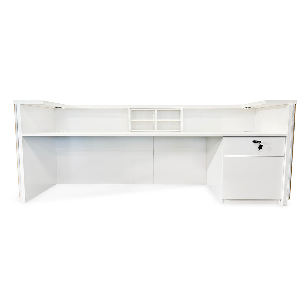 KENTO 240cm Modern Reception Desk - Timber Slat Acoustic Panel Design in White & Oak Finish - Perfect for Office Lobby, Hotel Front Desk, and Corporate Waiting Areas