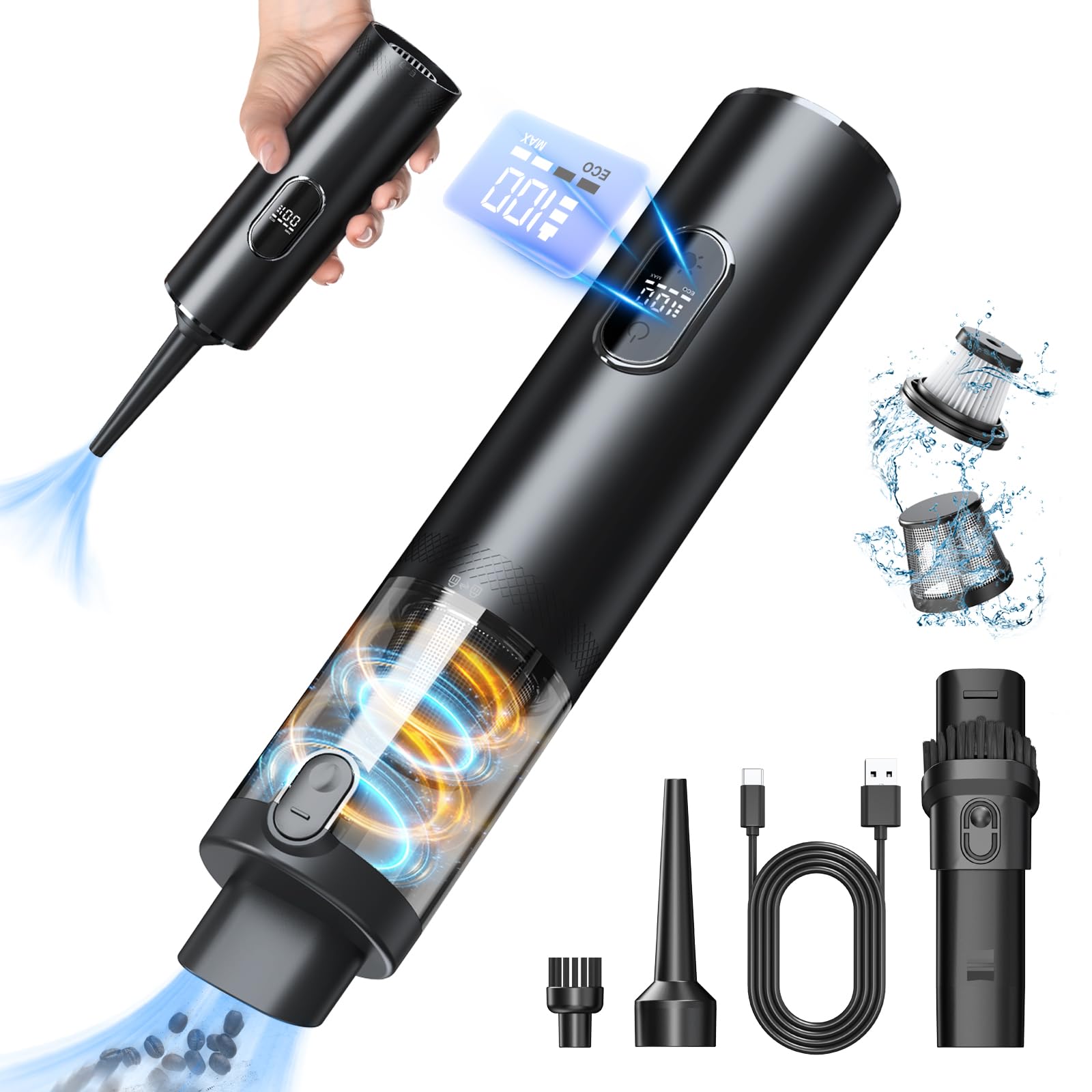 16000PA High Power Wireless Handheld Car Vacuum Cleaner - 3-in-1 Cordless Portable Vacuum with LCD Display, LED Light & Brushless Motor - Ideal for Car Detailing, Home Cleaning & Pet Hair Removal (Black)