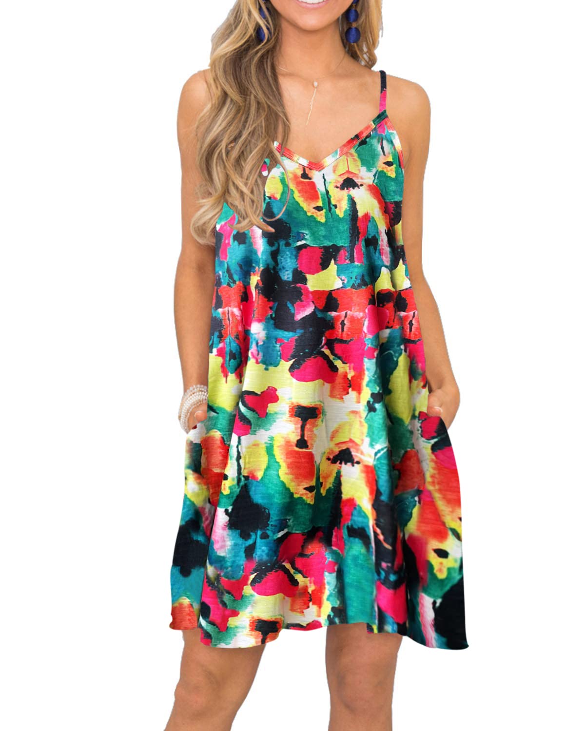 BEUFRI Women's Summer Spaghetti Strap Flowy Tank Dress with Pockets - Casual Beach Cover Up, Lounge Dress for Vacation, Poolside, and Outdoor Activities