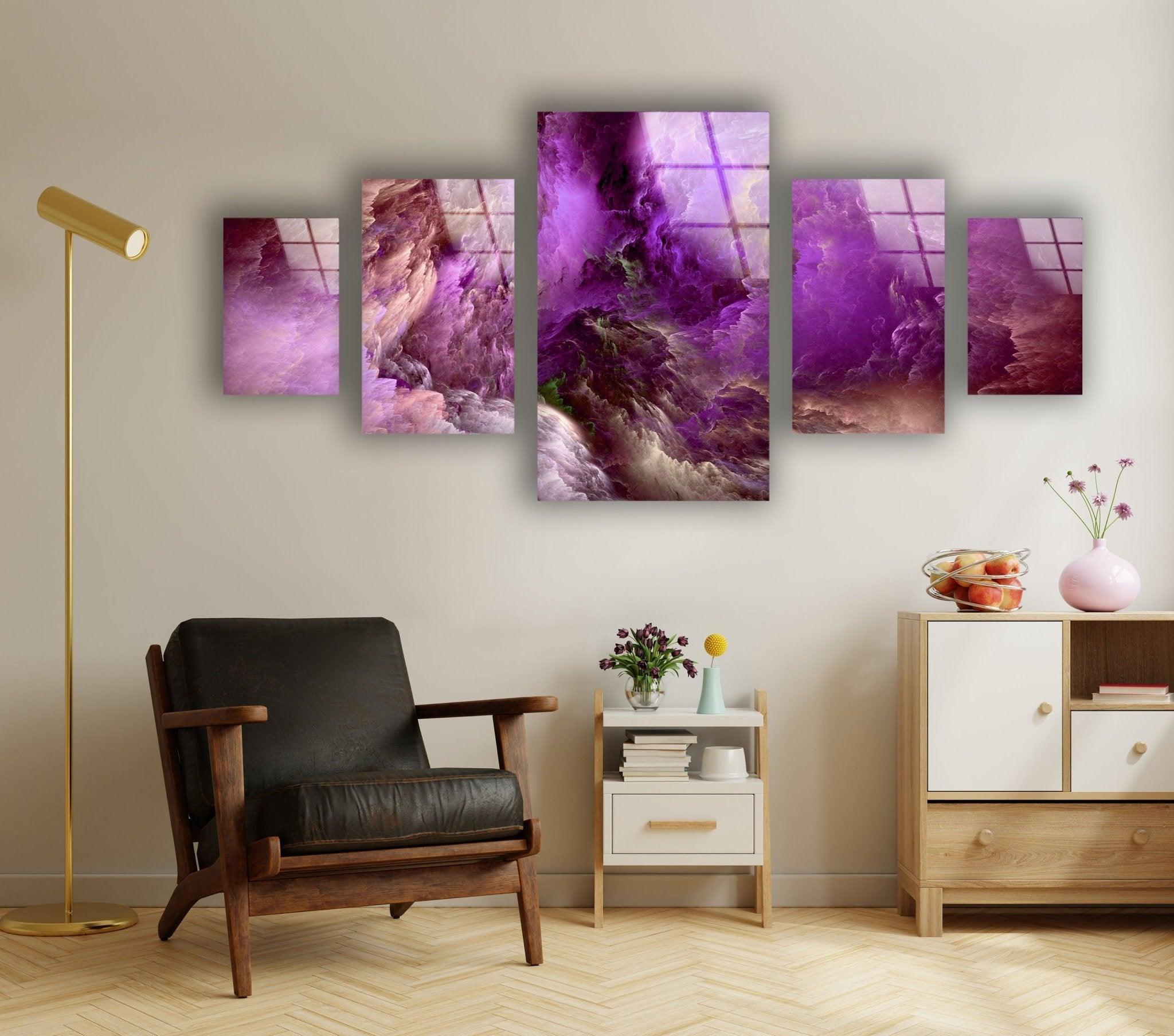 Abstract Purple Clouds Glass Wall Art - Modern Handmade Glass Decor for Living Room, Bedroom & Office - Elegant Home & Office Decoration