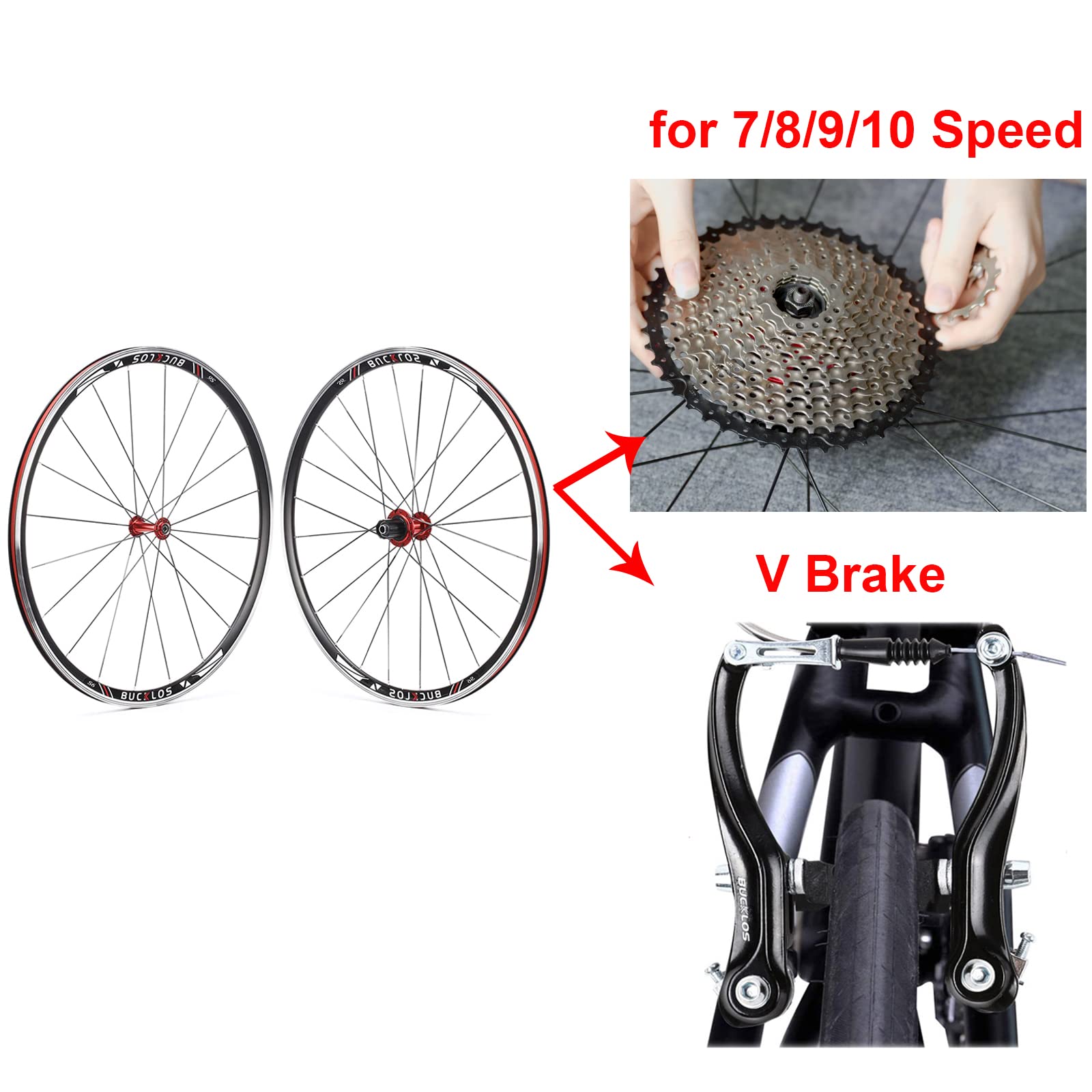 BUCKLOS 700c Road Bike Wheelset - Aluminum Alloy QR Wheels with V-Brake Clincher, Double Wall Flat Spokes for 7-11 Speed Bicycles - 30mm Rims & Hub - Perfect for Commuting, Racing & Road Cycling