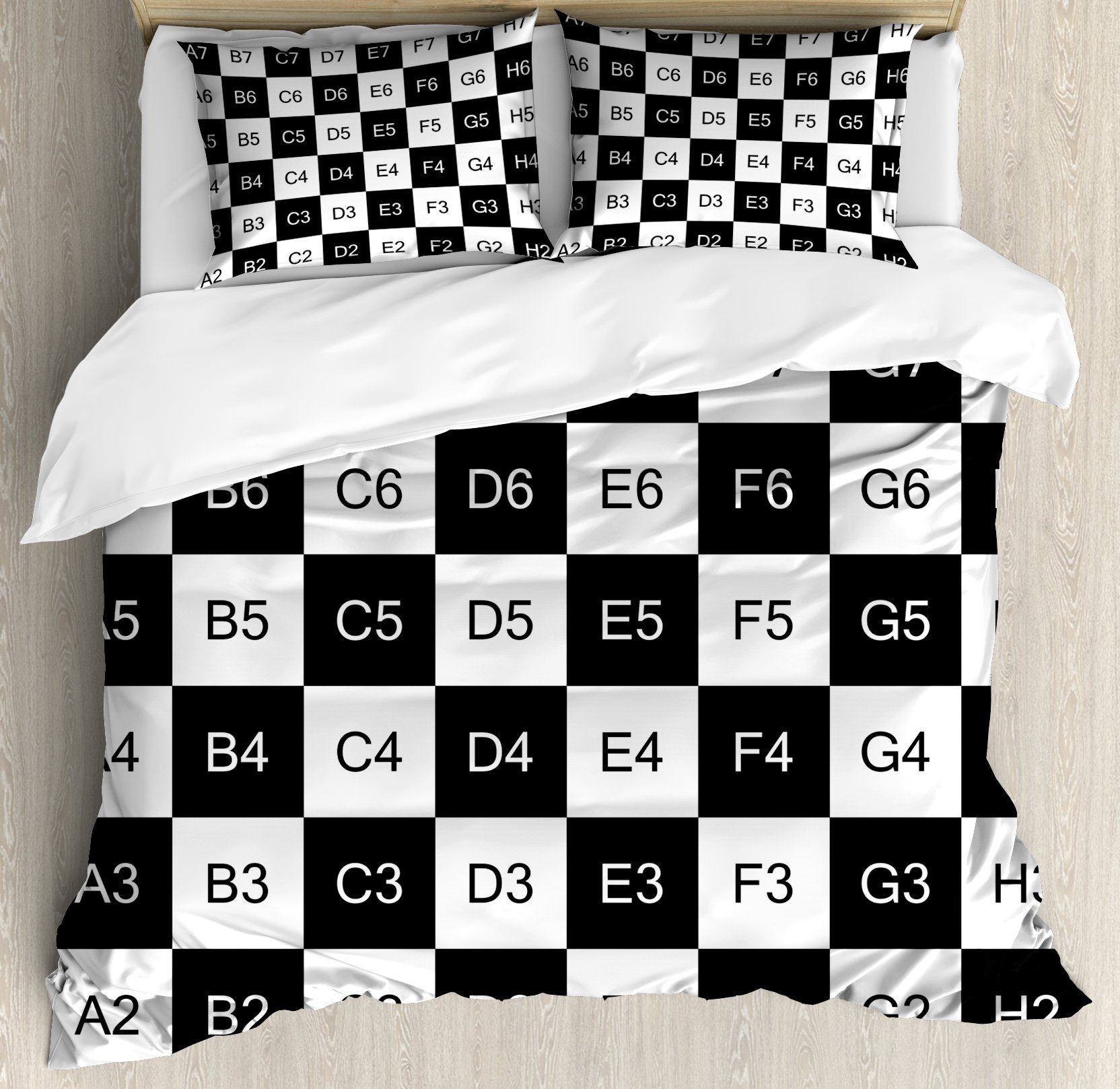 Ambesonne Checkers Game Duvet Cover Set - Monochrome Chess Board Design with Tile Coordinates, 3-Piece King Size Bedding (Duvet Cover + 2 Pillow Shams) - Black & White Mosaic Square Pattern for Modern Bedroom Decor | Perfect for Chess Lovers & Game-Themed Home Decor