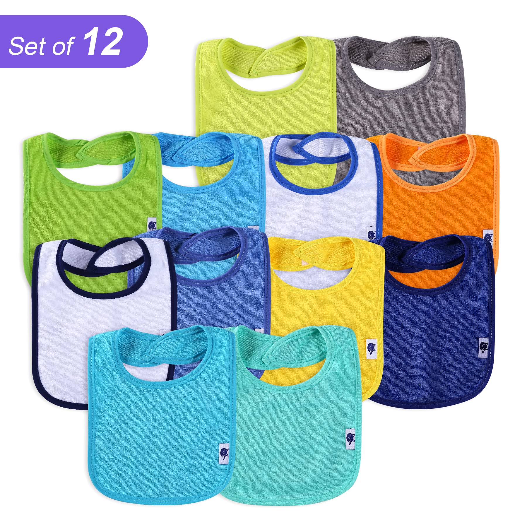 12 Pack Terry Drool Cotton Bibs - Unisex Baby Bibs with Fiber Filling & Waterproof Layer for Feeding, Teething & Drooling - Soft & Absorbent for Infants & Toddlers During Mealtime & Playtime