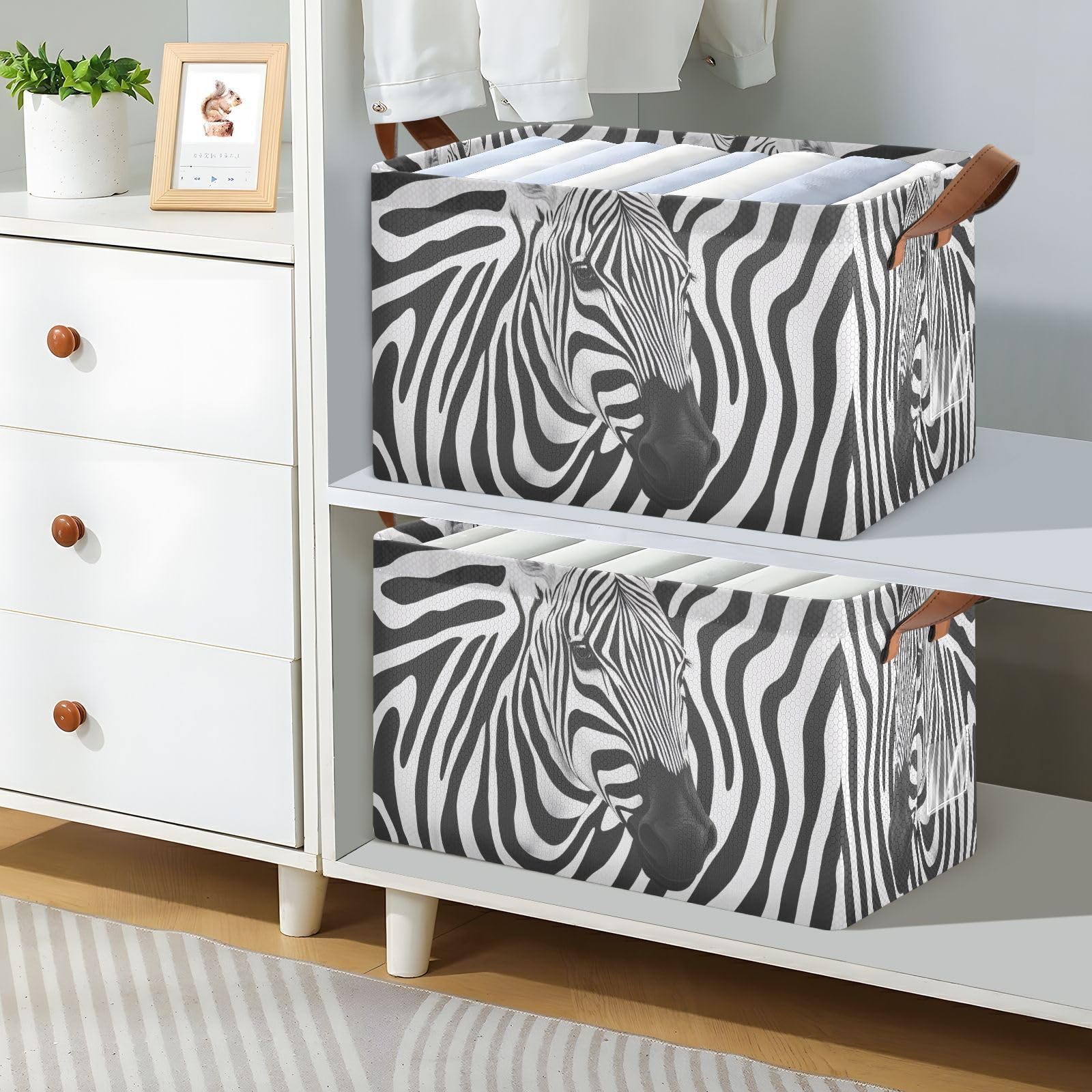 Zebra Stripe Storage Bins 2-Pack - Collapsible Organizer with Handles for Home & Closet | 32L Storage Baskets for Shelves