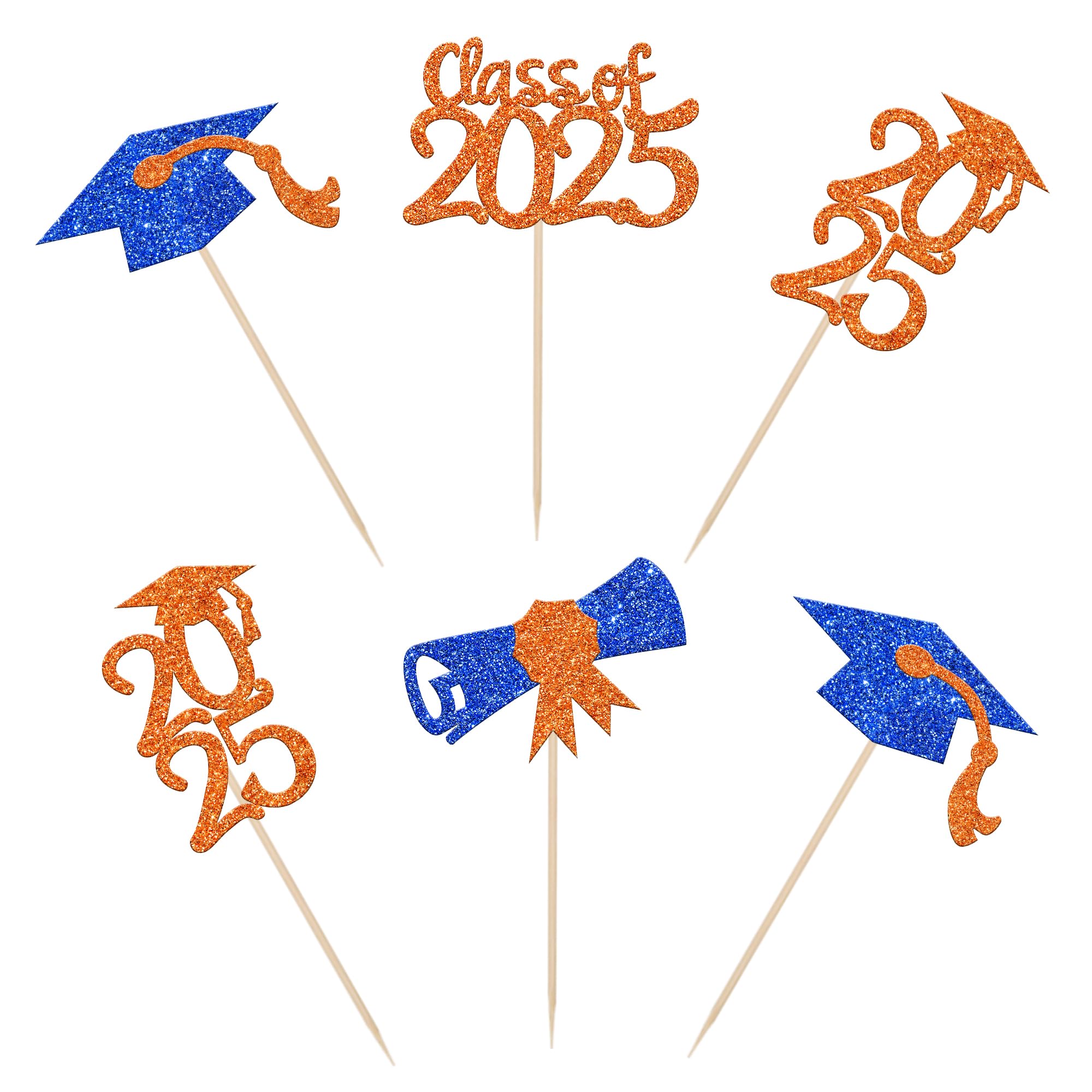 36 PCS 2025 Graduation Cupcake Toppers - Glitter Class of 2025 Cake Decorations with Diploma & Grad Cap - Blue & Orange Party Supplies for Graduation Ceremony, School Celebration & Dessert Table Decor