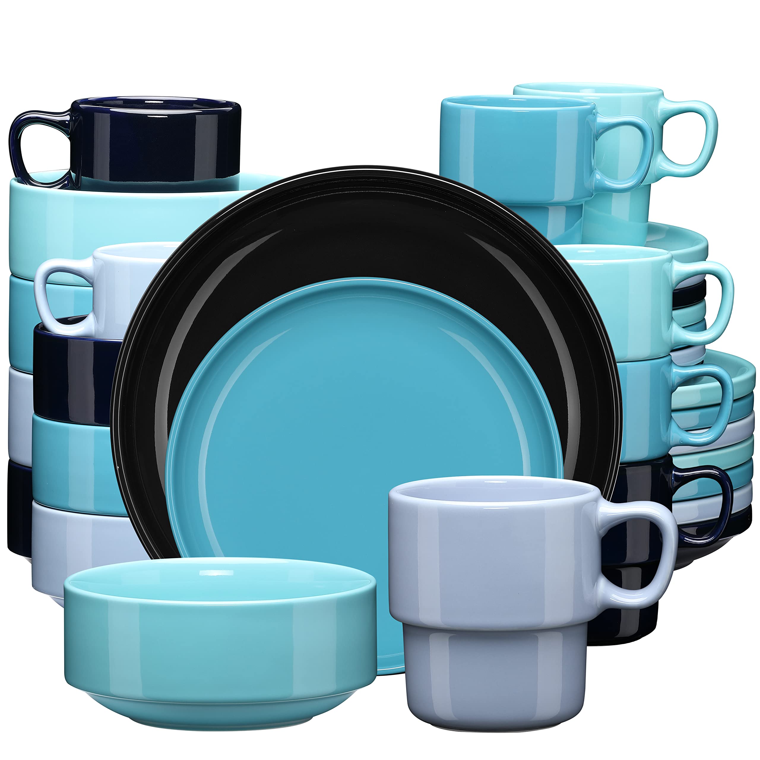 32-Piece Ceramic Dinnerware Set for 8 - Plates, Bowls, Mugs & Dessert Plates | Dishwasher & Microwave Safe | Modern Color Assortment | Perfect for Family Dinners, Parties & Daily Use - LOVECASA