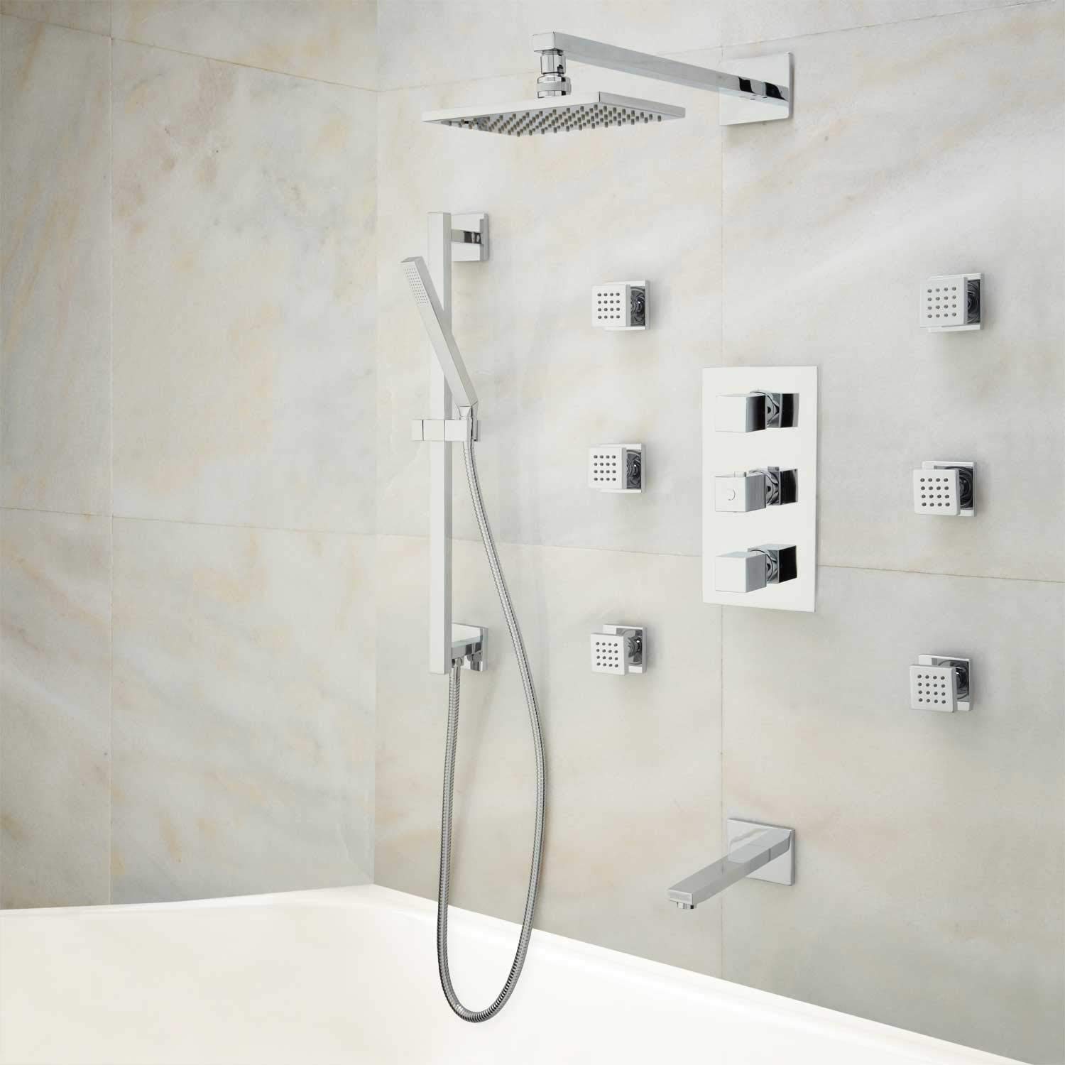 Signature Hardware 379997 Onassis Thermostatic Shower System with Shower Head, Hand Shower, Slide Bar, Body Sprays & Valve Trim - Chrome Finish | Perfect for Luxury Bathroom Renovations & Spa-Like Shower Experience