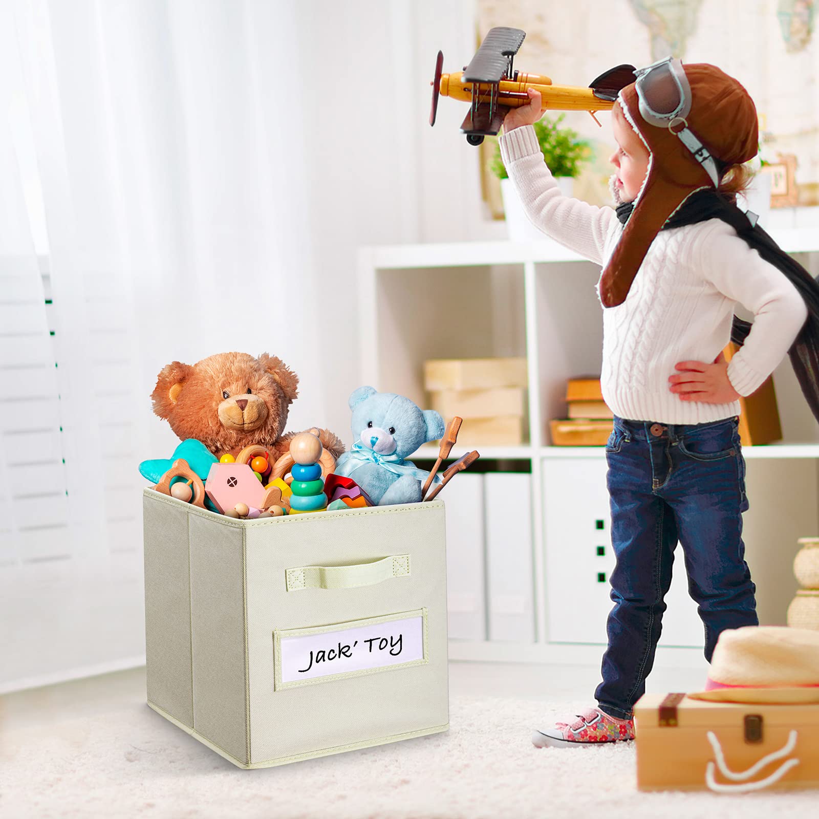 11 Inch Foldable Fabric Storage Cubes (Set of 10) - Beige Closet Organizer Bins with Labels & Pen - Perfect for Shelves, Closets, Kids Room & Office Organization