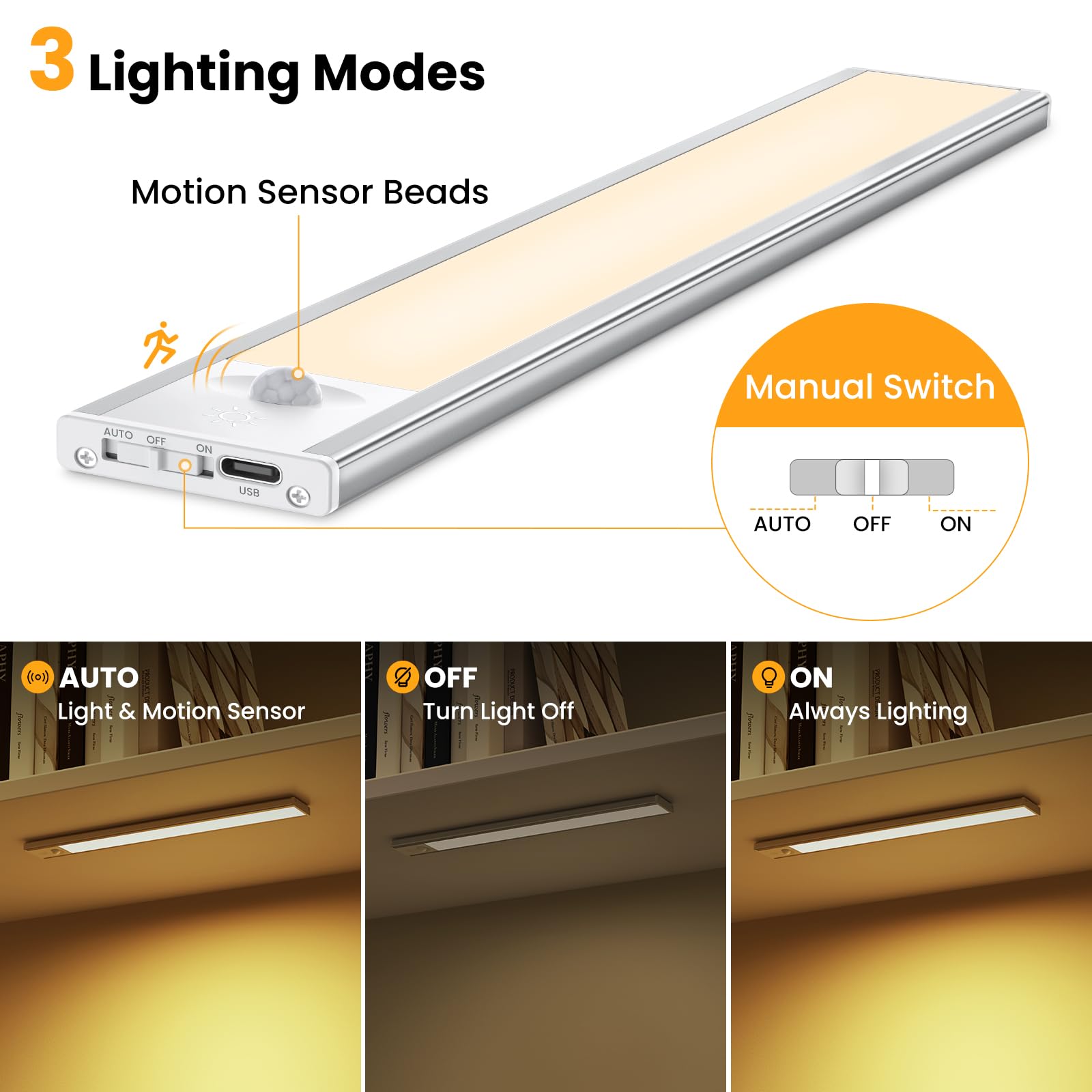 84LED Under Cabinet Kitchen Lights - 2 Pack Motion Sensor Rechargeable Magnetic Lights for Cupboard, Wardrobe, Closet (32cm) | Perfect for Kitchen, Stairway, Hallway & Dark Spaces Lighting