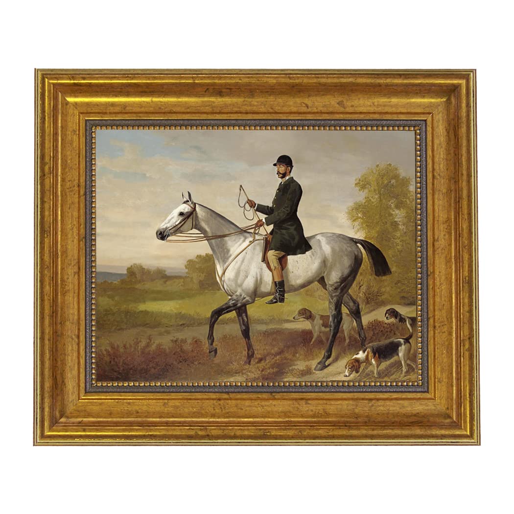 Vintage Huntsman with Horse and Hounds Framed Oil Painting Print - 8x10 Canvas Wall Art in Antique Gold Frame - Perfect for Living Room, Study or Hunting Lodge Decor
