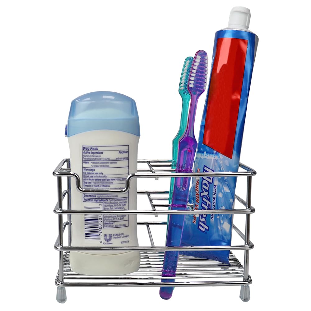 Home Basics Steel Open Wire Toothbrush Holder & Toothpaste Stand - Chrome Bathroom Organizer with Non-Slip Feet | Perfect for Small Spaces, Vanity Countertops & Travel