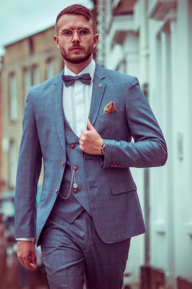 Light Blue Check Three Piece Suit for Men - Marc Darcy George Collection | Perfect for Weddings, Business Meetings & Formal Events