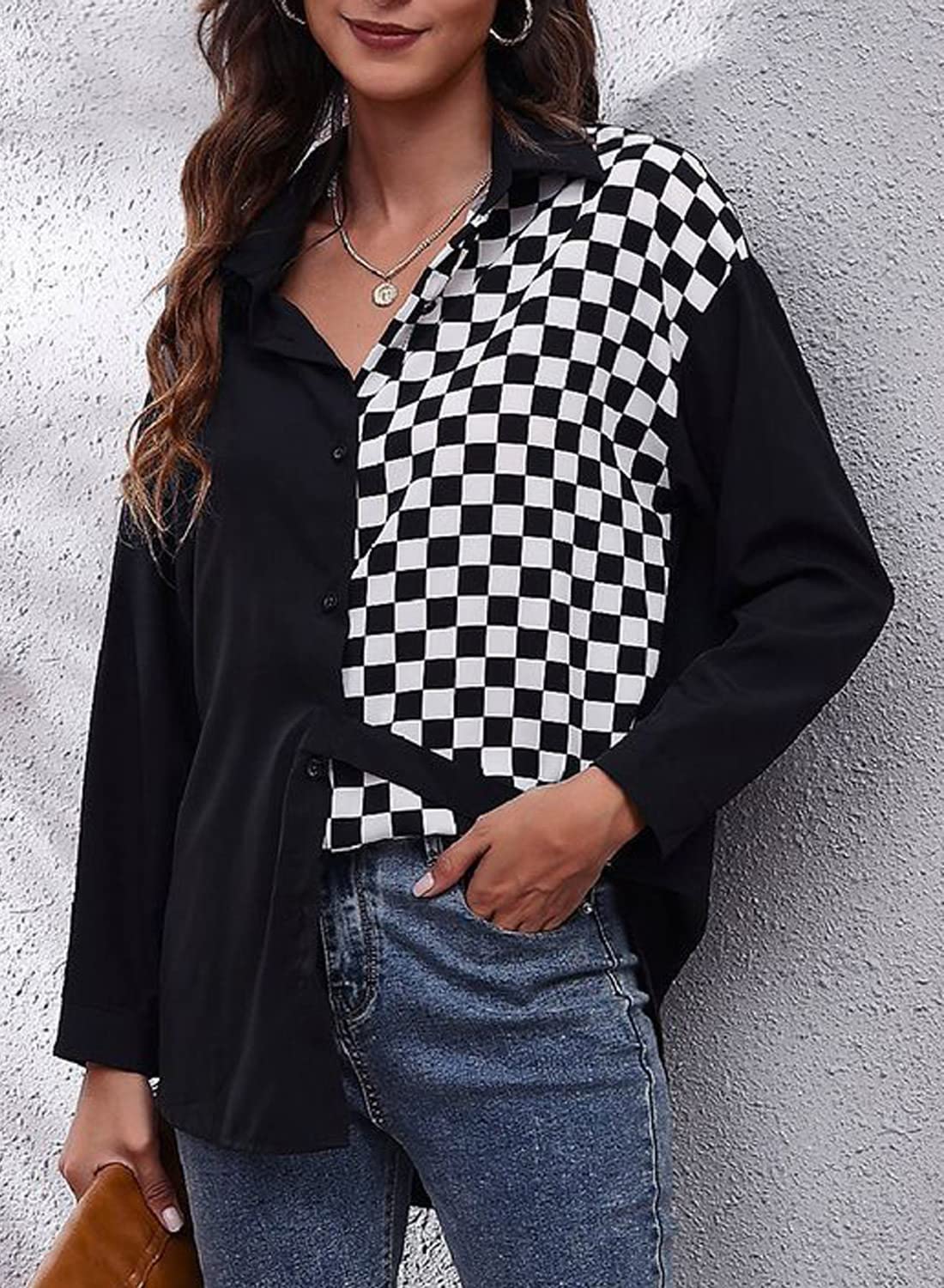 Futurino Women's Long Sleeve Button Down Shirt - Trendy Point Collar Chess Print Blouse with V-Neck for Casual Wear | Office, Date Night & Everyday Outfits