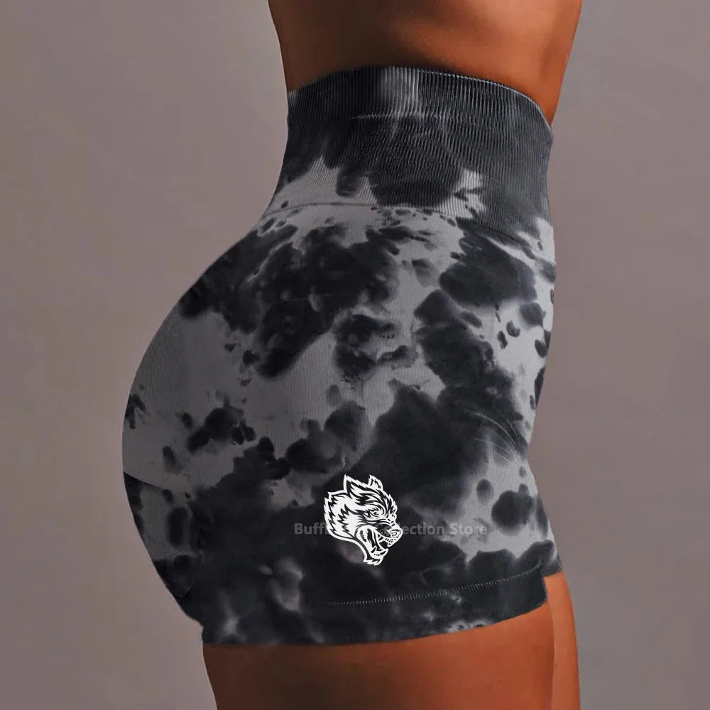 She Darc Wolf Tie Dye Scrunch Shorts for Women - Seamless Yoga Shorts, Breathable Workout Shorts with High Waist for Running, Gym & Summer Activities