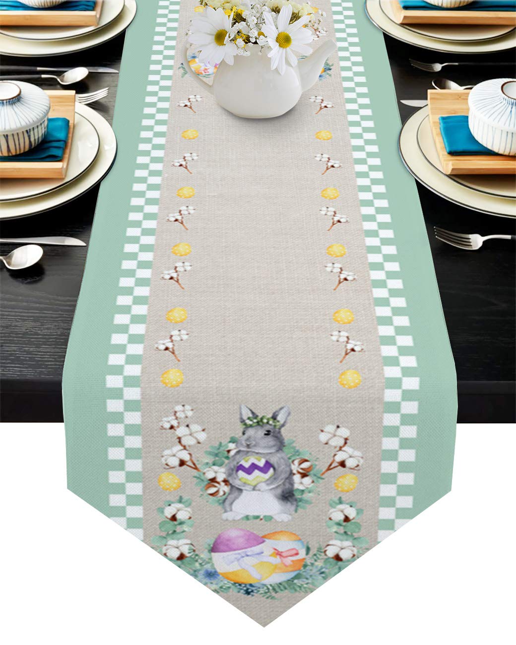 Easter Bunny Table Runner - 13x120 Inch Machine Washable Cotton Watercolor Easter Eggs Decoration for Spring Holiday Dinner Parties - Perfect for Easter Celebrations, Home Decor & Seasonal Table Setting