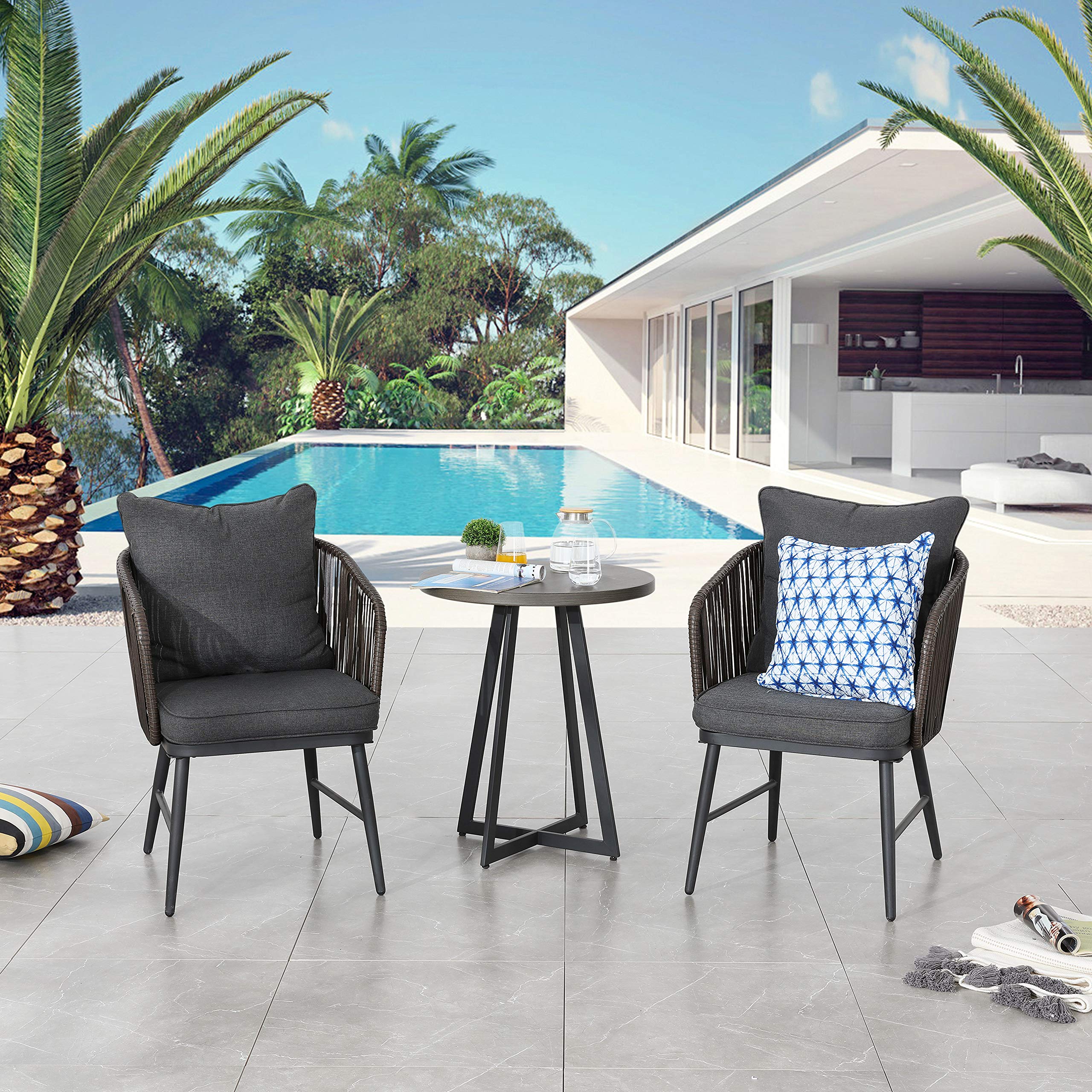LOKATSE HOME 3-Piece Outdoor Bistro Set - Modern Wicker Patio Furniture with 2 Chairs (Includes Seat & Back Cushions) & 1 Black Coffee Table - Perfect for Balcony, Garden, Deck or Poolside Relaxation