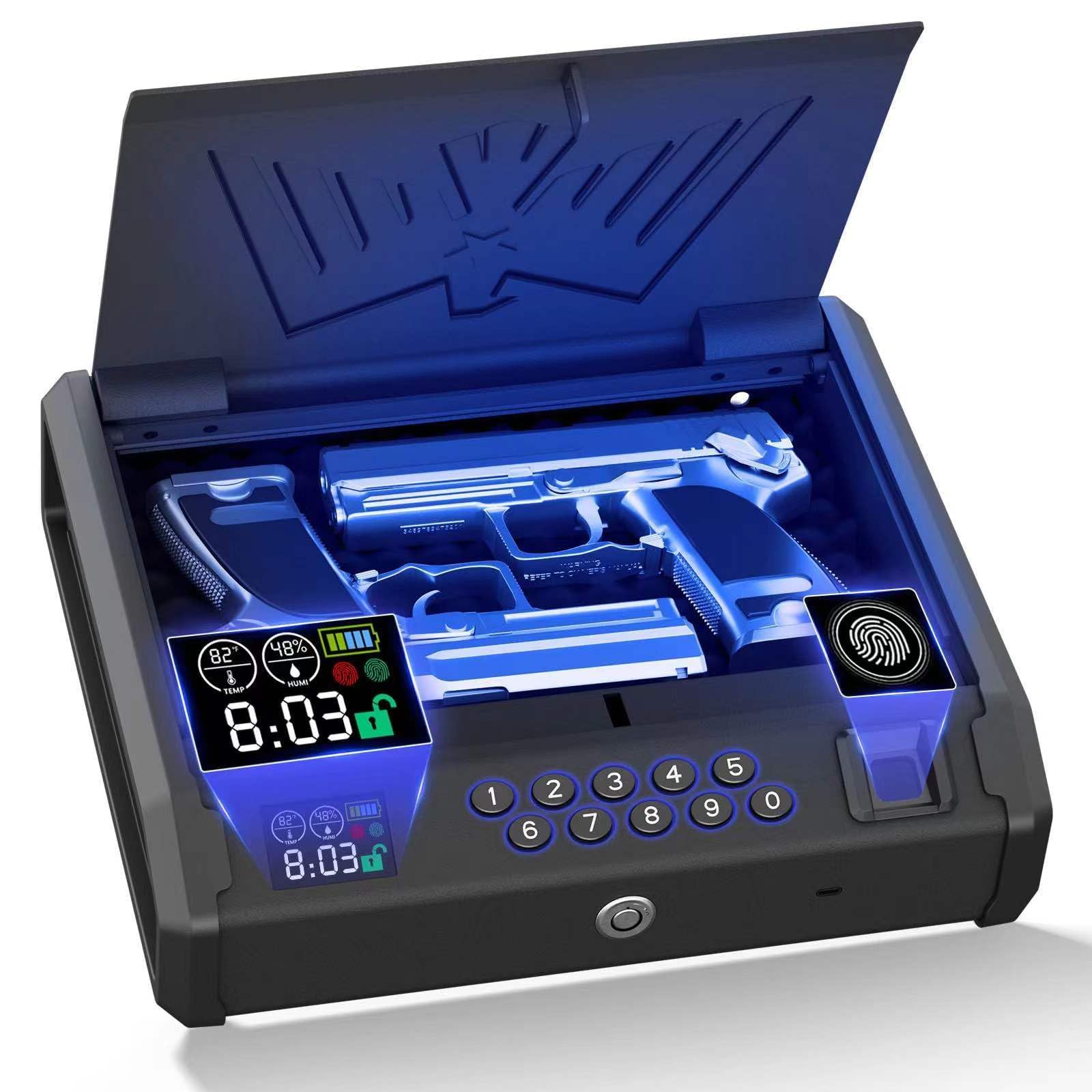 MOJOHAND Smart Gun Safe for Pistols - Biometric Fingerprint & Key Access, LCD Temperature & Humidity Display, 2 Gun Capacity - Perfect for Nightstand, Car, and Home Security