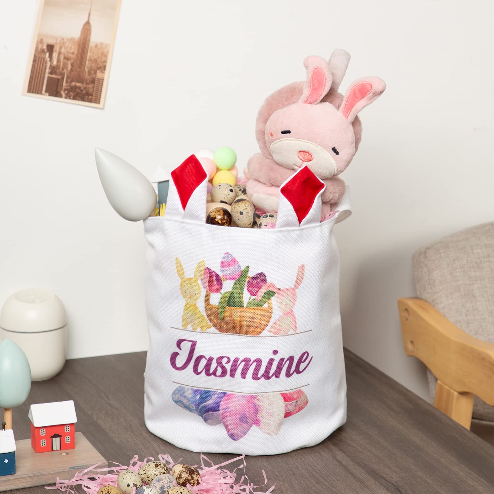 Personalized Easter Bunny Basket Bags with Custom Name - Cute Rabbit Print Candy Egg Buckets for Easter Gifts, Egg Hunts & Spring Decorations