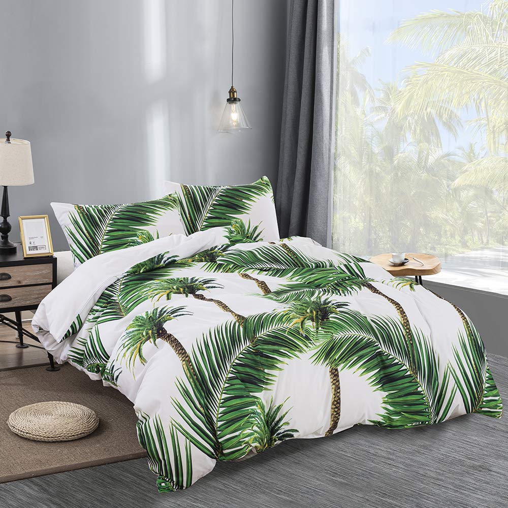 Exotic Tropical Rainforest Green Botanical Duvet Cover Set with Palm Tree Leaves Design - Twin Size White Bedding Quilt & Pillowcases for Jungle-Themed Bedroom Decor | Perfect for Nature Lovers, Boho Chic & Tropical Home Styling