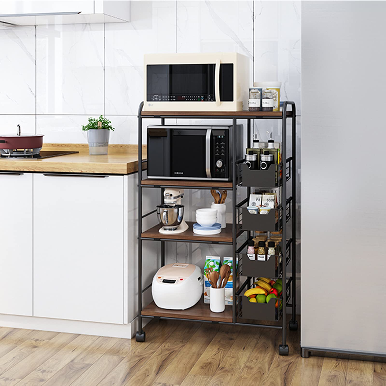 3-Tier Rolling Kitchen Cart with 4 Pull-Out Baskets & 360° Rotating Shelves - Microwave Stand, Spice Organizer & Pantry Storage Solution - Walnut Finish for Small Spaces & Apartment Living