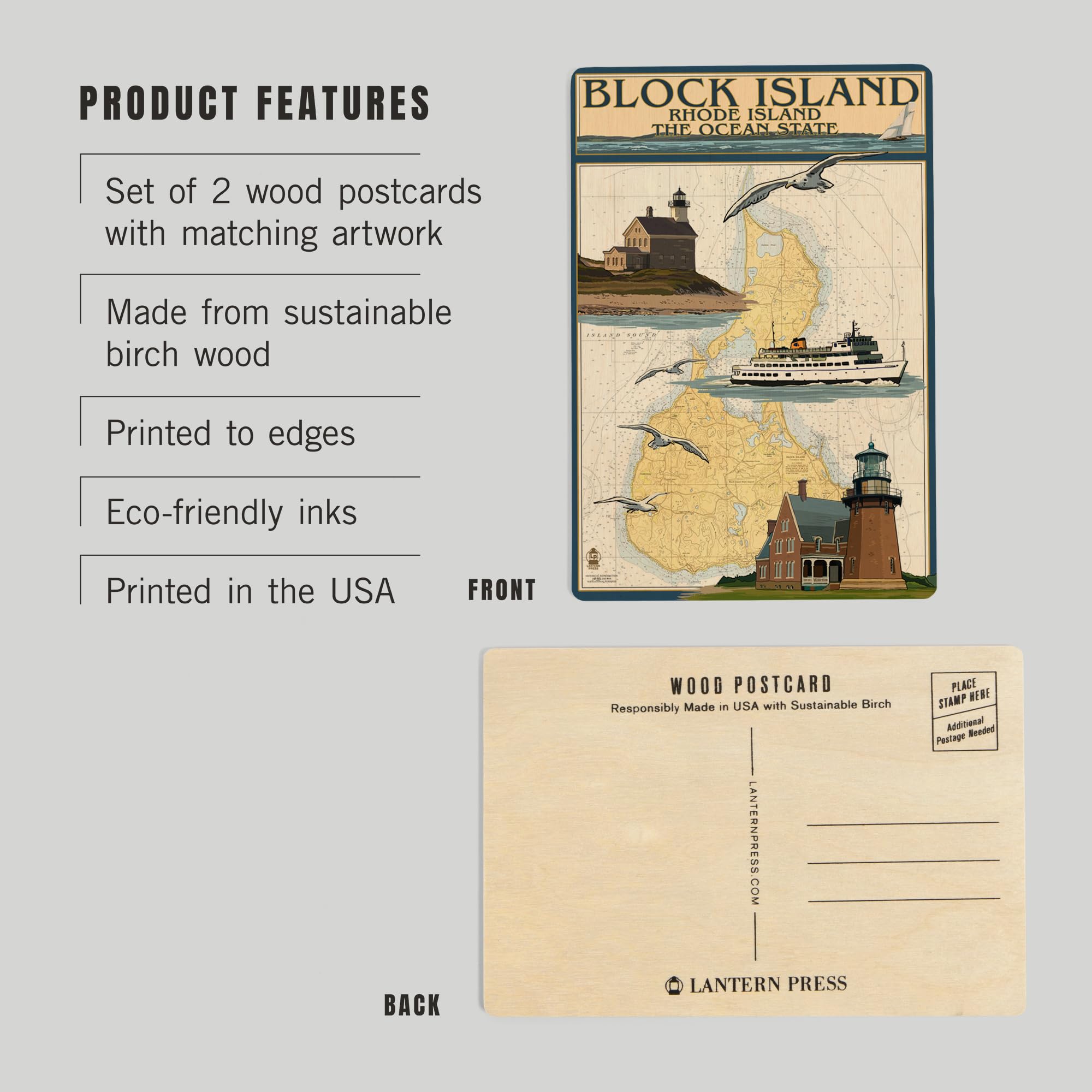 Block Island Rhode Island Nautical Chart with Ferry - 4x6 Birch Wood Postcards (2-Pack Stationery Set) - Rustic Coastal Home Wall Decor for Beach House, Office or Nautical Themed Rooms