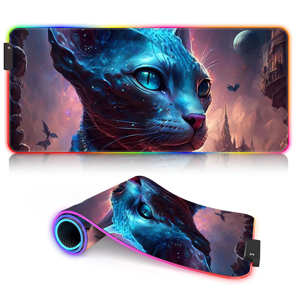 ROG Extended Gaming Mouse Pad with LED - Large Size 60x35x0.3cm Keyboard & Mouse Desk Mat for PC, Sphynx Cat Design, Hand Washable - Perfect for Gaming Setup, Office Work & Computer Accessories