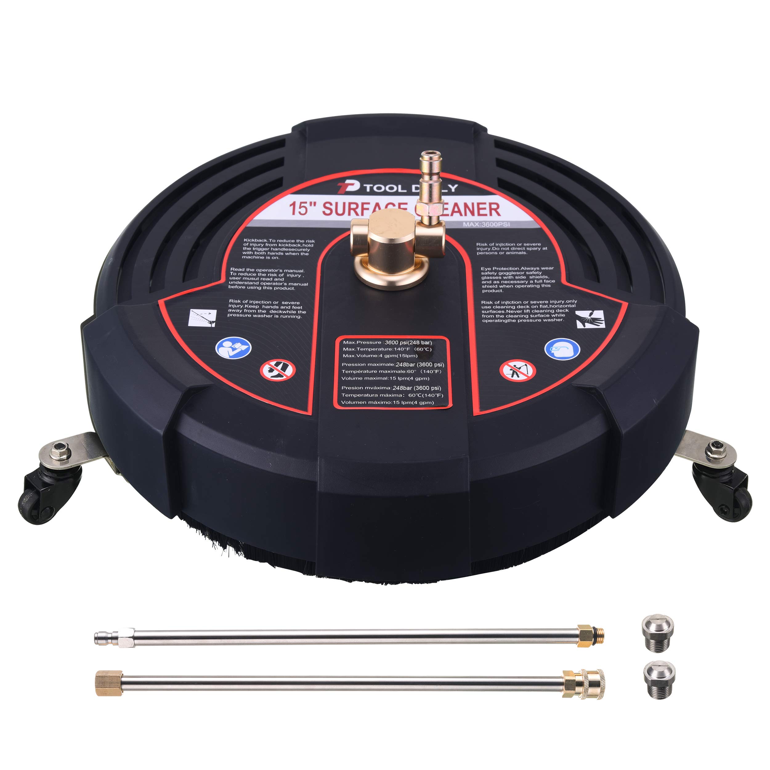 15 Inch Pressure Washer Surface Cleaner Attachment with Wheels - 3600 PSI Power Washer with 2 Extension Wands & 2 Nozzles - Ideal for Driveway, Deck, and Concrete Cleaning - Black
