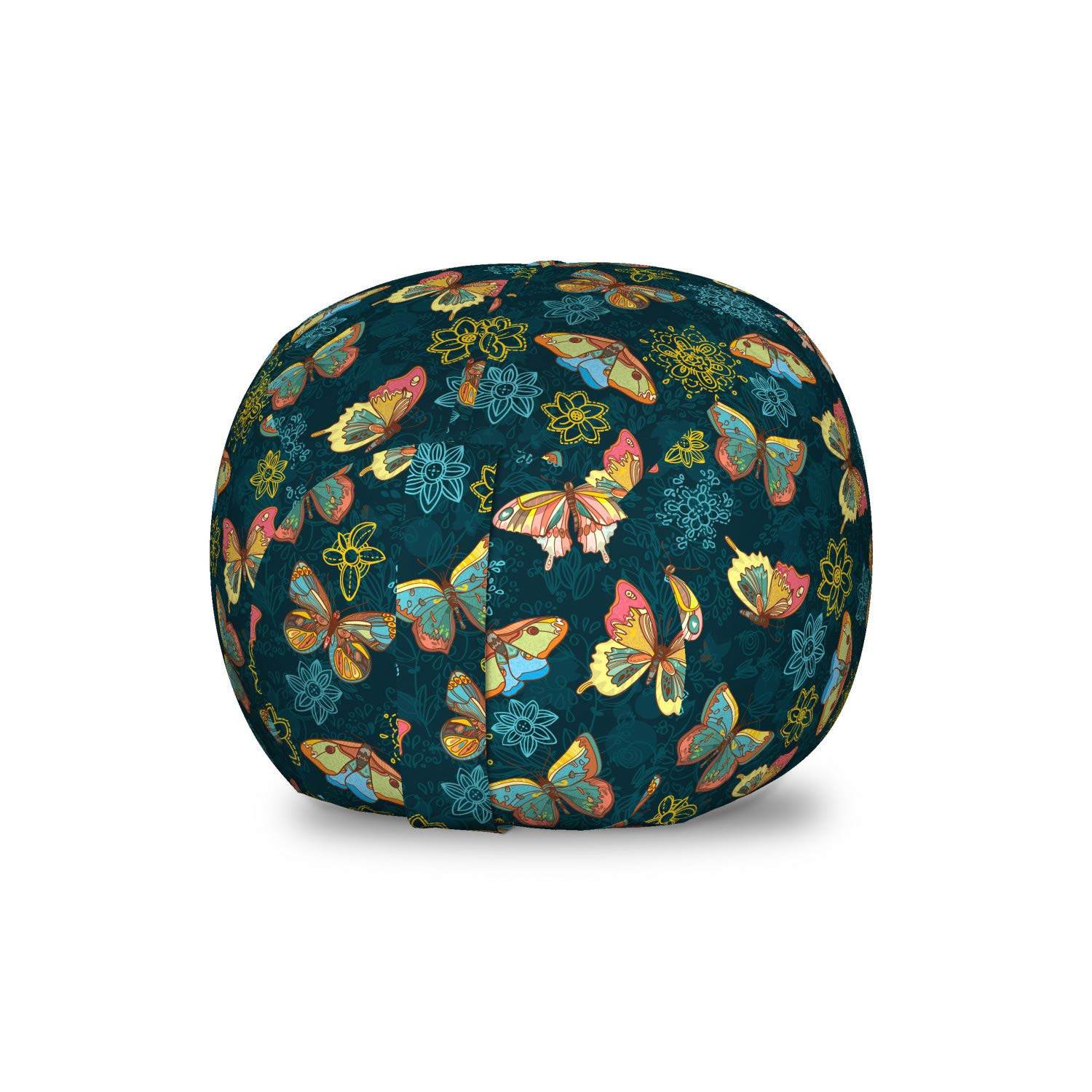 Ambesonne Floral Storage Toy Bag Chair with Butterflies - Spring Nature Inspired Print, Washable Stuffed Animal Organizer for Kids Room, Small Size in Yellow & Petrol Blue - Perfect for Nursery, Playroom & Bedroom Organization