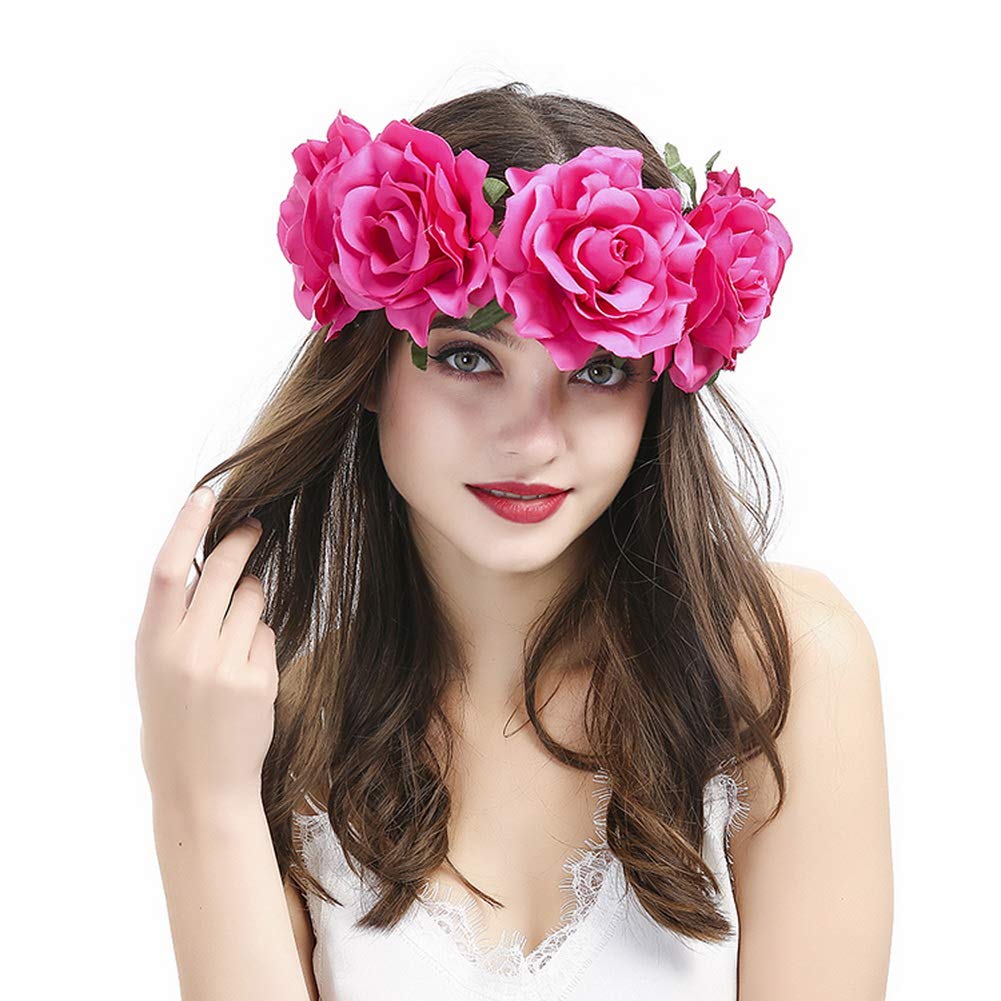 YAZILIND Artificial Large Rose Flower Wreath Garland Stretch Hairband - Bridal Headband for Weddings, Holiday Hair Accessories for Christmas & Parties (#2)