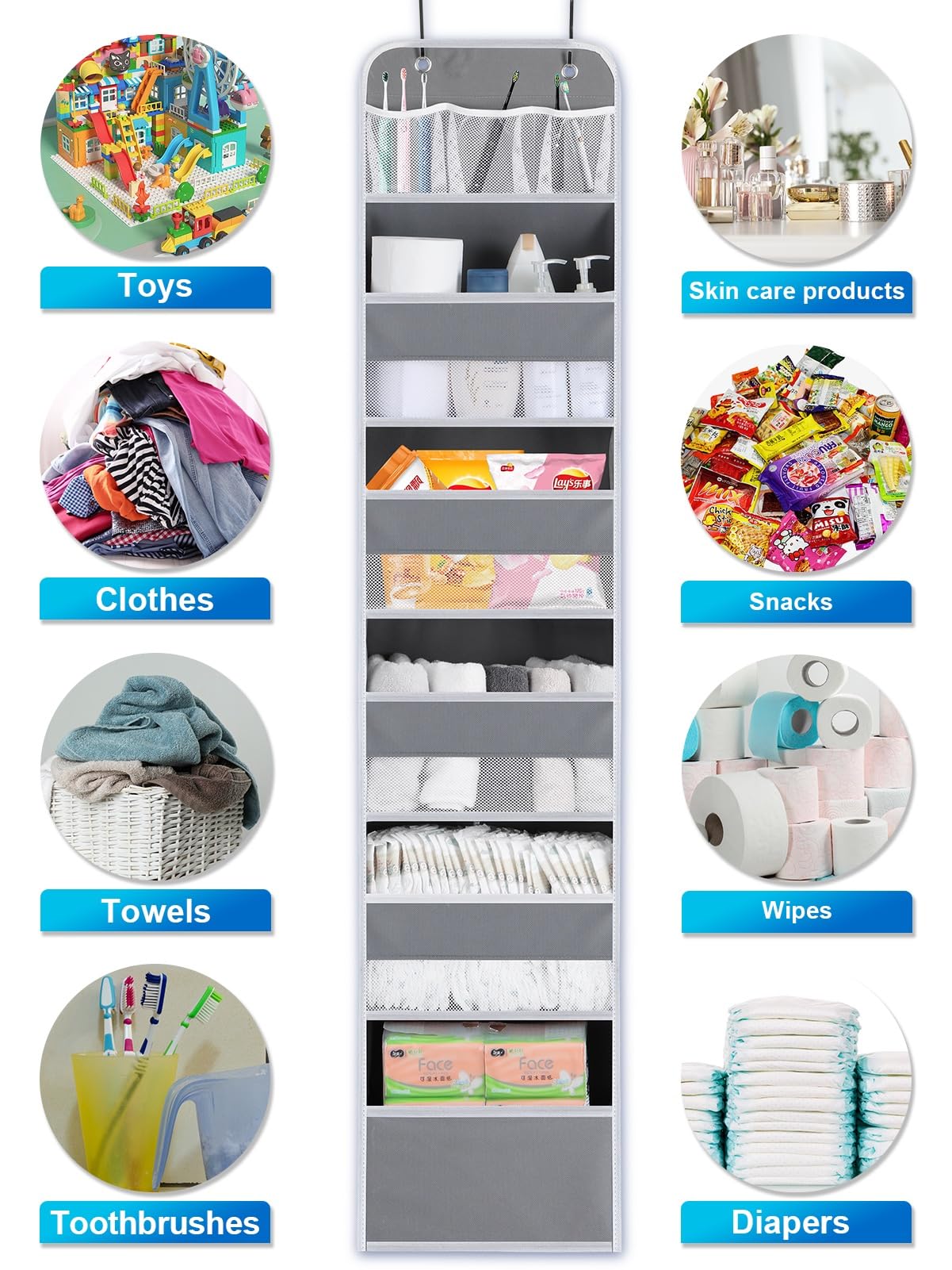 Over the Door Organizer with 6 Shelves & 8 Large Pockets - Space Saving Hanging Storage for Pantry, Nursery, Bathroom, Bedroom, Kitchen, Dorm & RV - Perfect for Organizing Toiletries, Toys, Spices & More (1 Pack)