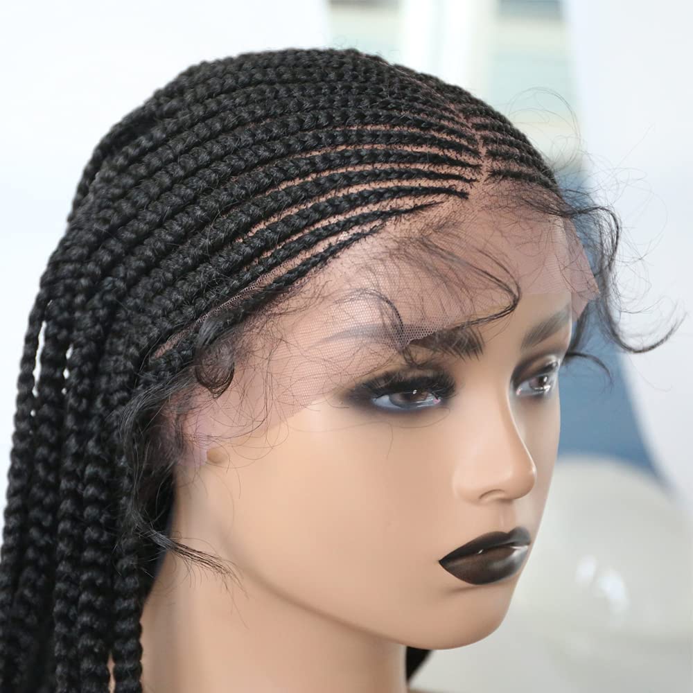 Hand-Tied Swiss Lace Front Box Braided Afro Wig with Baby Hair - Natural Looking Kanekalon Synthetic Hair for Black Women (#1B Black) | Perfect for Cosplay, Daily Wear & Protective Styling